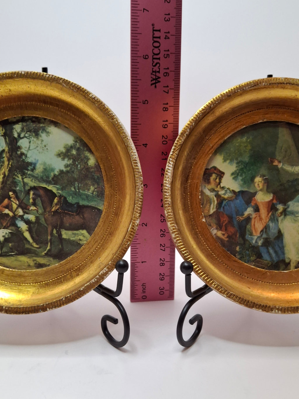 Pair Antique Rococo Miniature Prints - 5" Round Gilt Wood Frames - Courting & Hunting Scenes - Victorian Era Art
