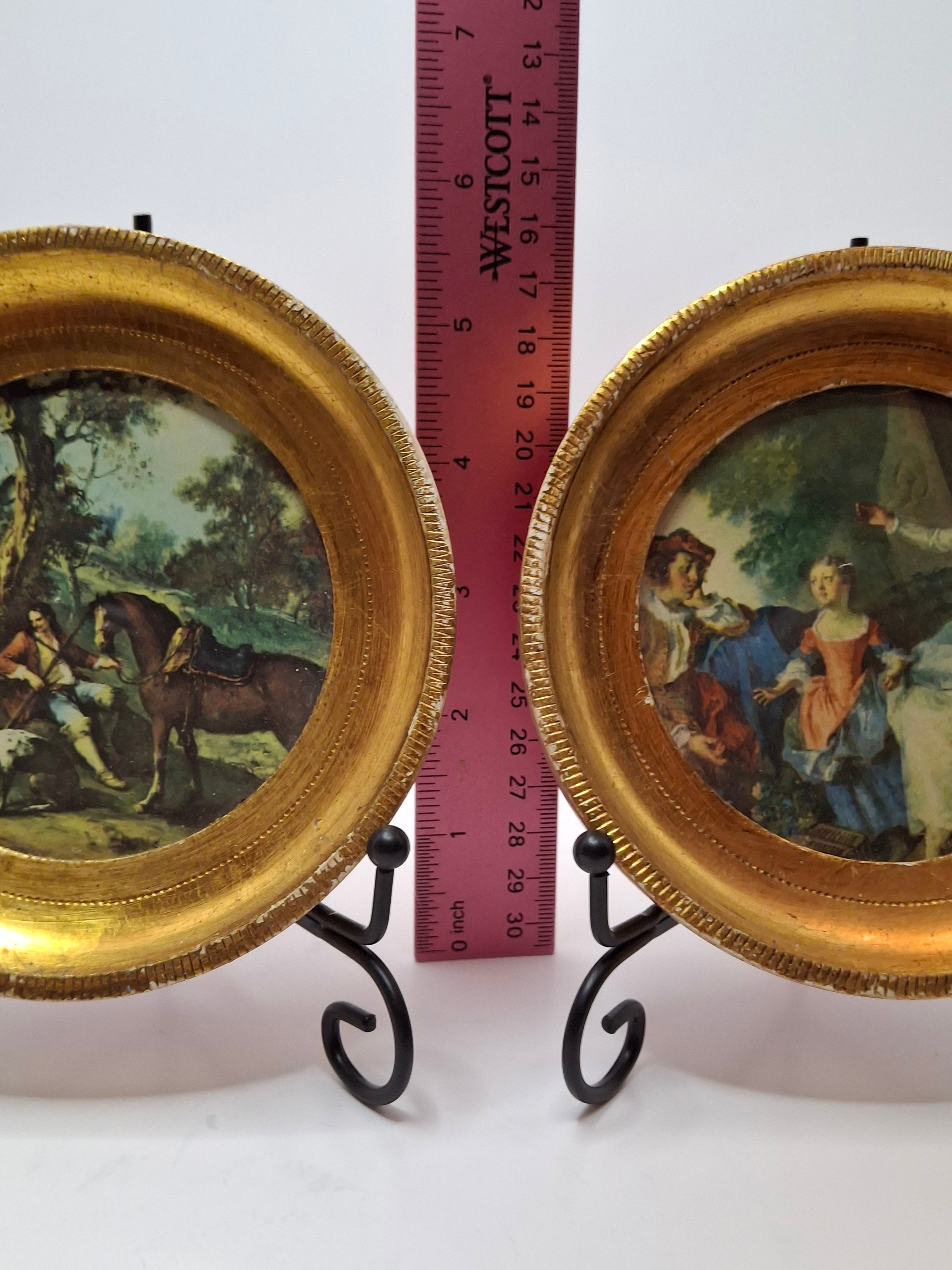Pair Antique Rococo Miniature Prints - 5" Round Gilt Wood Frames - Courting & Hunting Scenes - Victorian Era Art