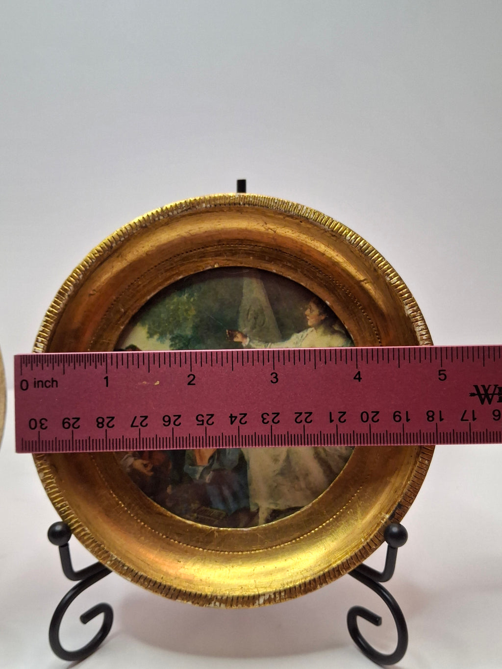 Pair Antique Rococo Miniature Prints - 5" Round Gilt Wood Frames - Courting & Hunting Scenes - Victorian Era Art