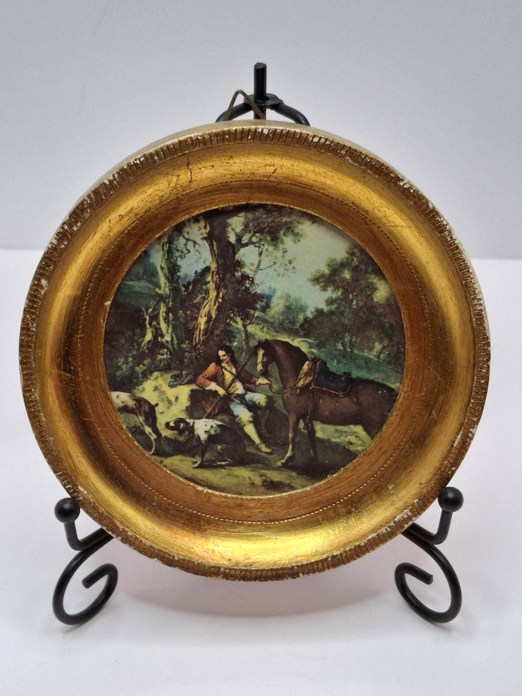 Pair Antique Rococo Miniature Prints - 5" Round Gilt Wood Frames - Courting & Hunting Scenes - Victorian Era Art