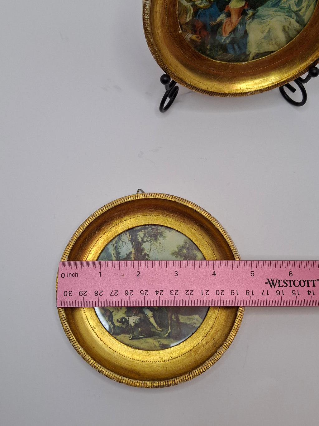 Pair Antique Rococo Miniature Prints - 5" Round Gilt Wood Frames - Courting & Hunting Scenes - Victorian Era Art