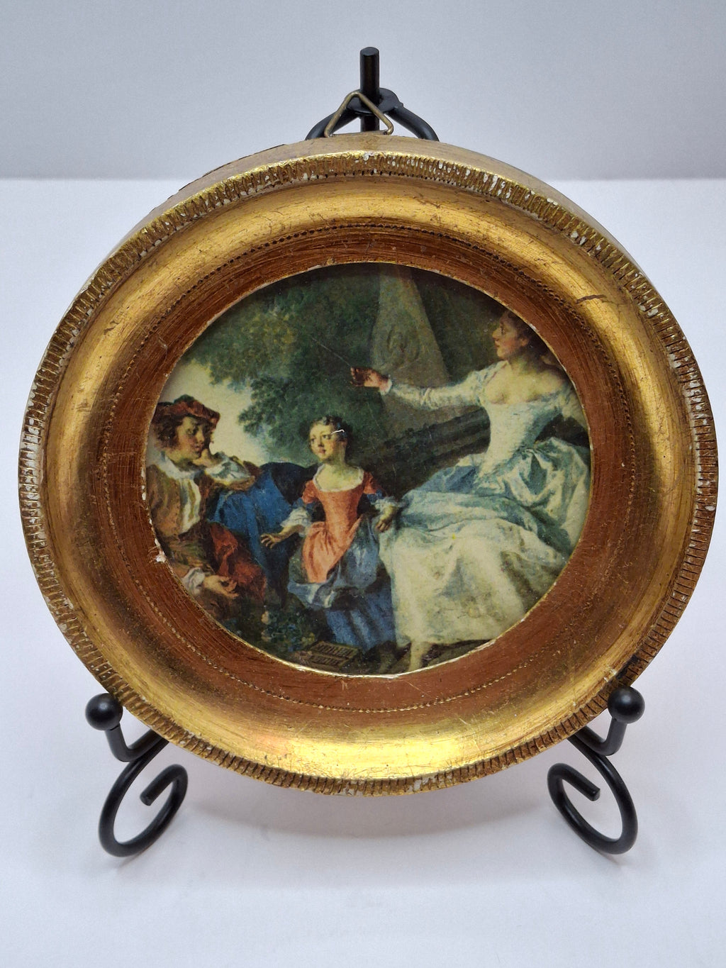 Pair Antique Rococo Miniature Prints - 5" Round Gilt Wood Frames - Courting & Hunting Scenes - Victorian Era Art