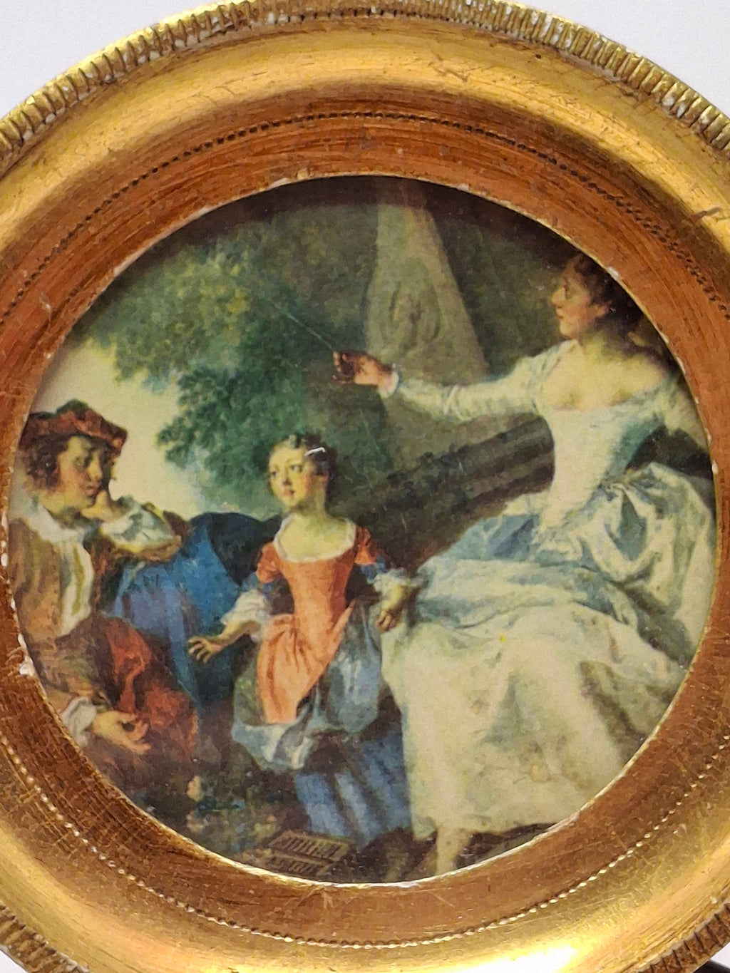 Pair Antique Rococo Miniature Prints - 5" Round Gilt Wood Frames - Courting & Hunting Scenes - Victorian Era Art