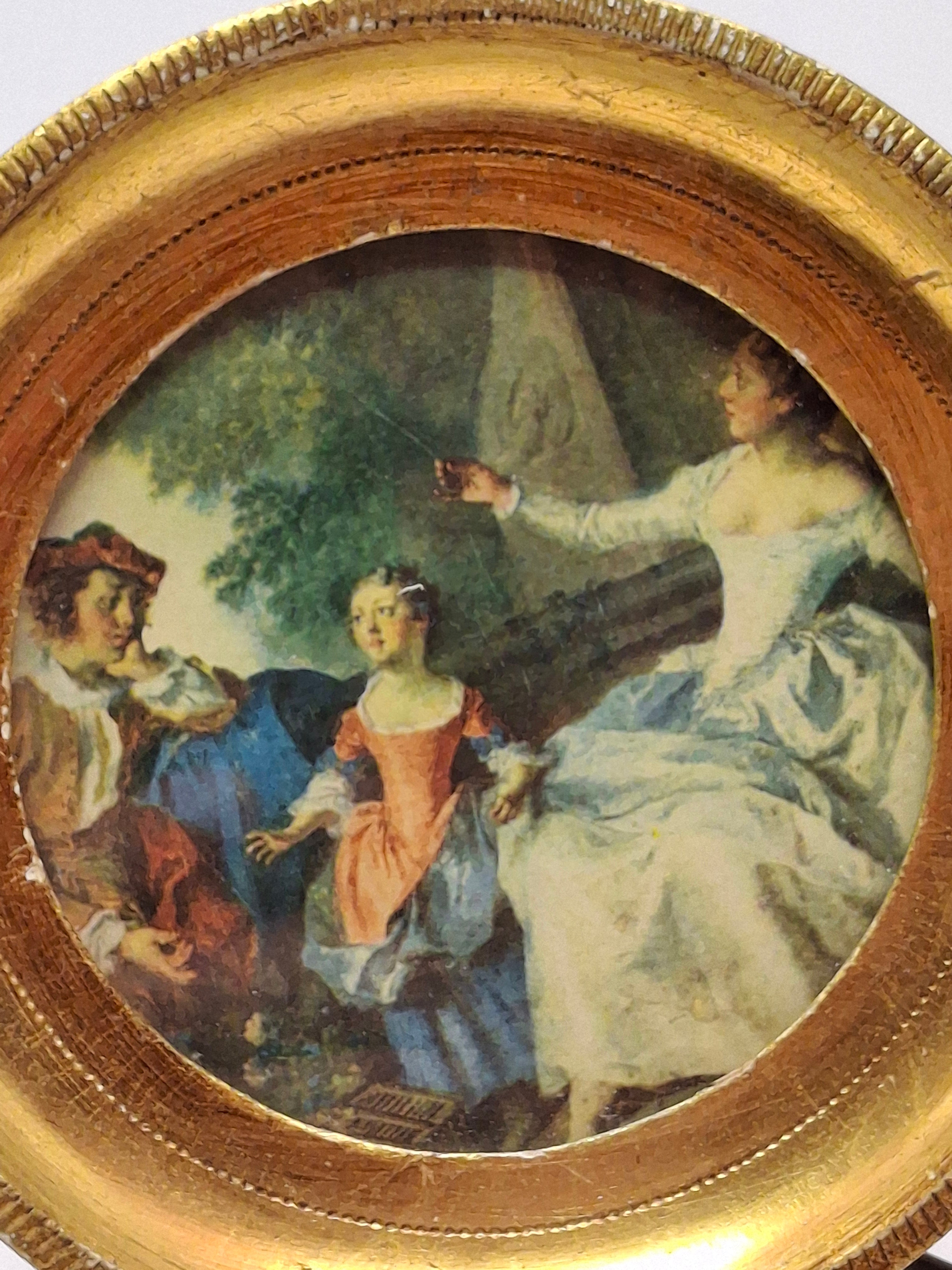 Pair Antique Rococo Miniature Prints - 5" Round Gilt Wood Frames - Courting & Hunting Scenes - Victorian Era Art