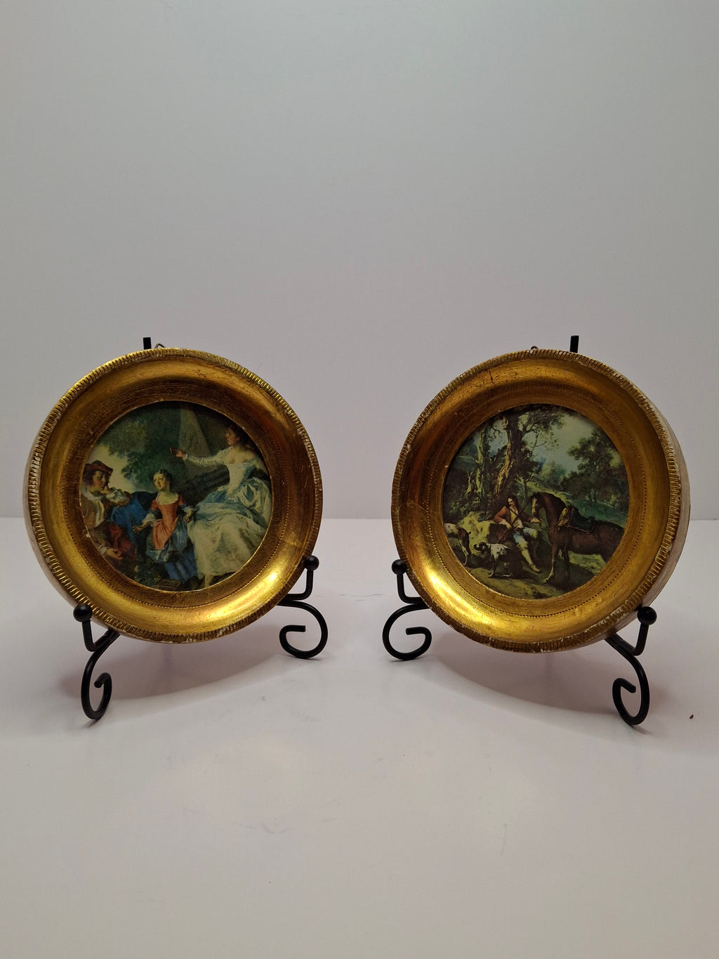 Pair Antique Rococo Miniature Prints - 5" Round Gilt Wood Frames - Courting & Hunting Scenes - Victorian Era Art