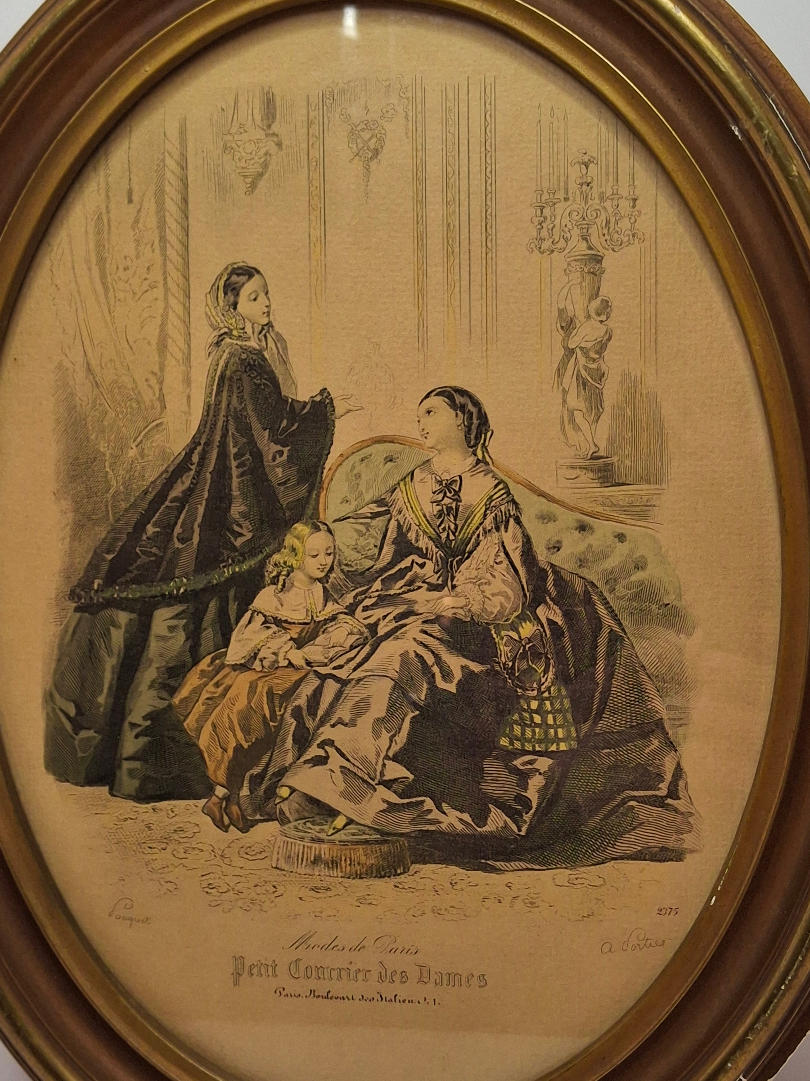 Antique 1858 French Fashion Plate Petit Courrier des Dames No. 2375 Hand Colored Engraving Framed