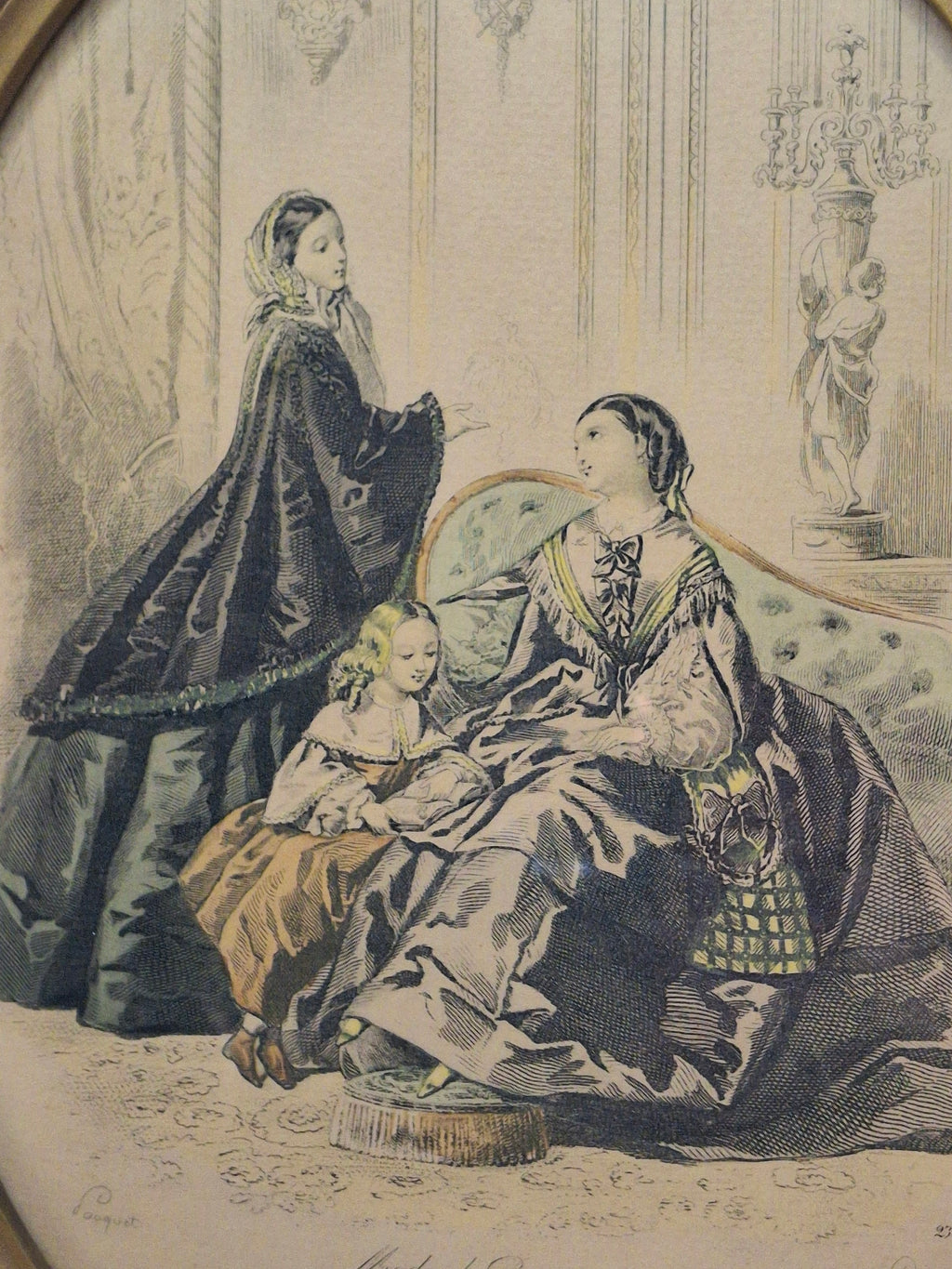 Antique 1858 French Fashion Plate Petit Courrier des Dames No. 2375 Hand Colored Engraving Framed