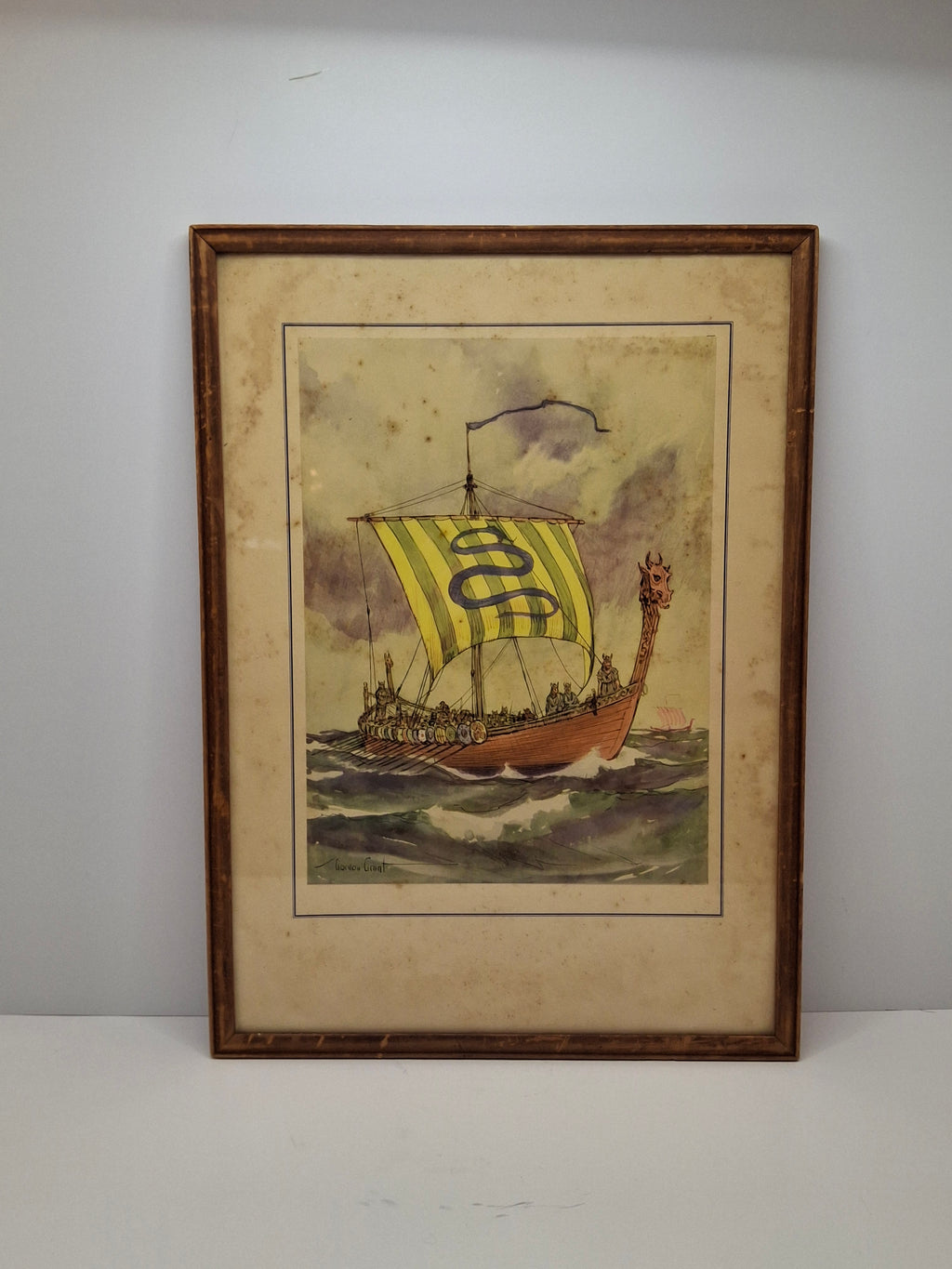 Vintage Gordon Grant Viking Longship Maritime Print Framed Nautical Art 16.5"x12"