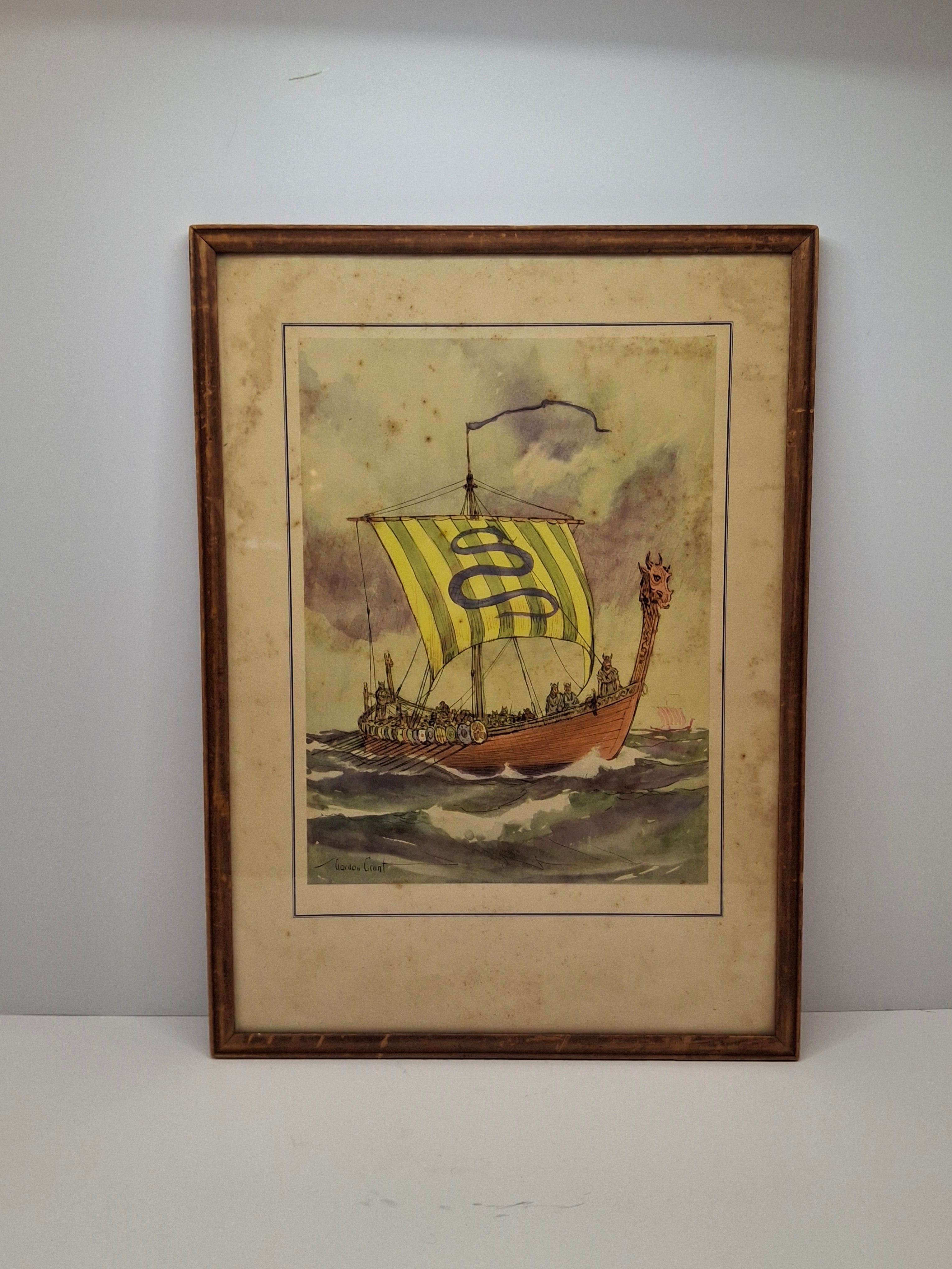Vintage Gordon Grant Viking Longship Maritime Print Framed Nautical Art 16.5"x12"