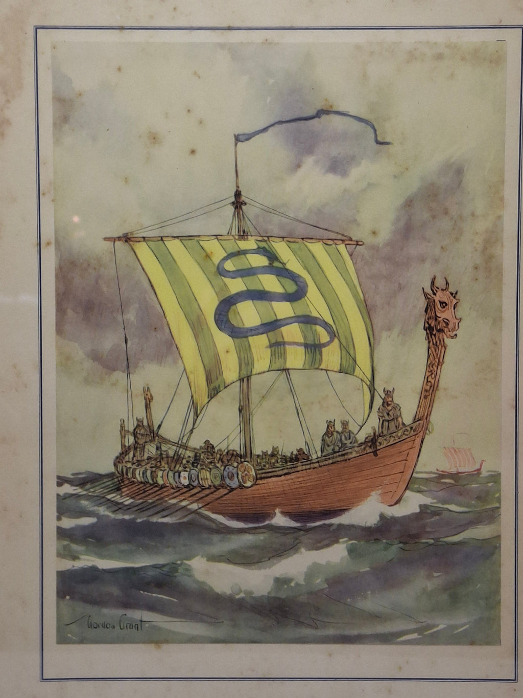 Vintage Gordon Grant Viking Longship Maritime Print Framed Nautical Art 16.5"x12"