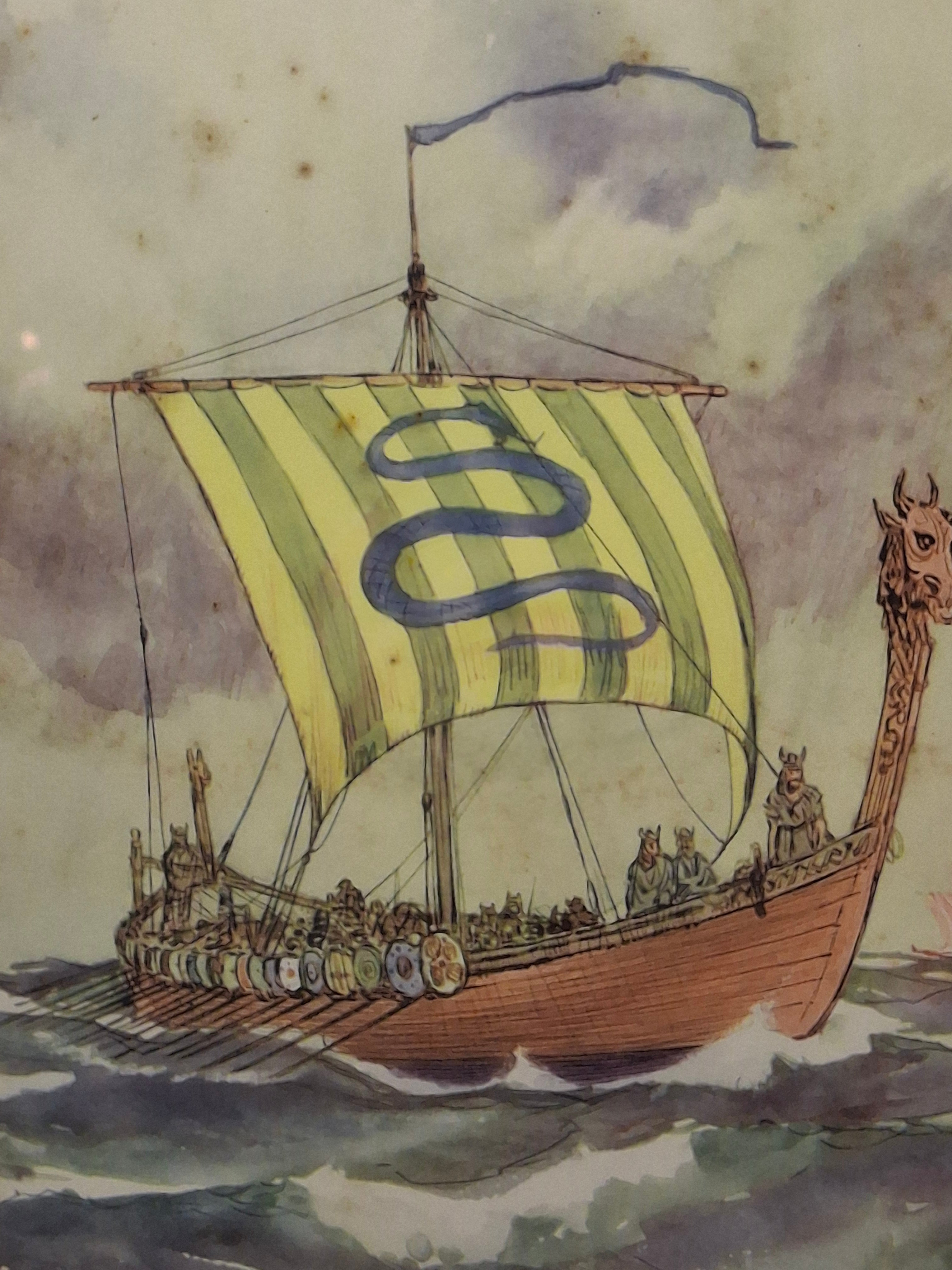 Vintage Gordon Grant Viking Longship Maritime Print Framed Nautical Art 16.5"x12"