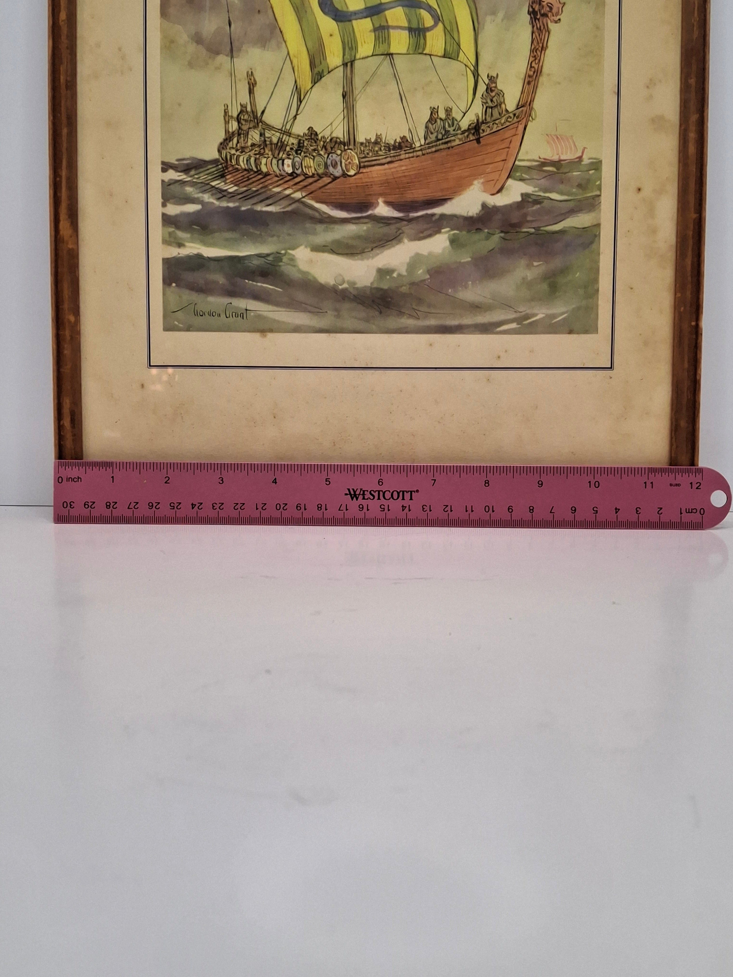 Vintage Gordon Grant Viking Longship Maritime Print Framed Nautical Art 16.5"x12"
