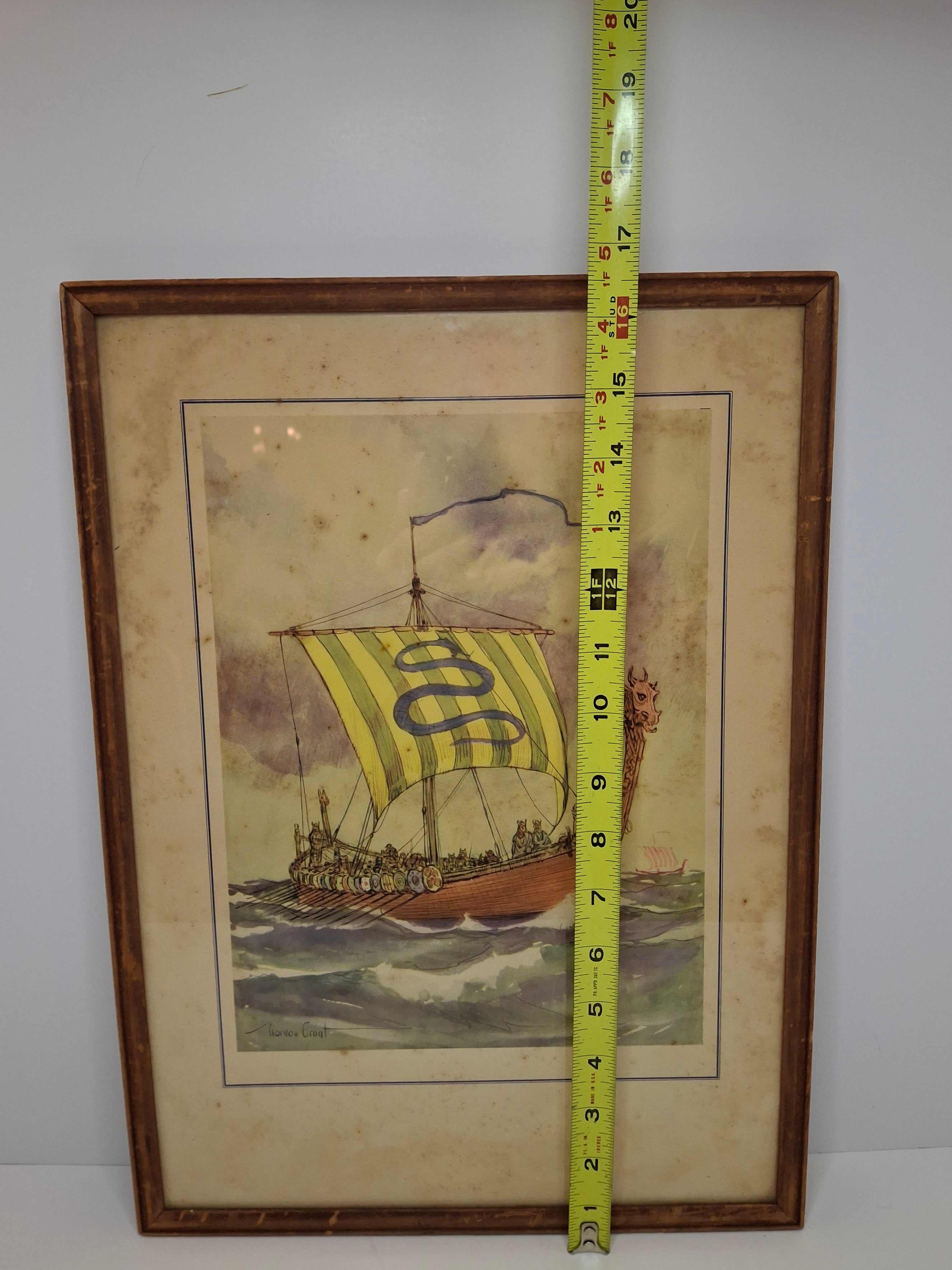 Vintage Gordon Grant Viking Longship Maritime Print Framed Nautical Art 16.5"x12"