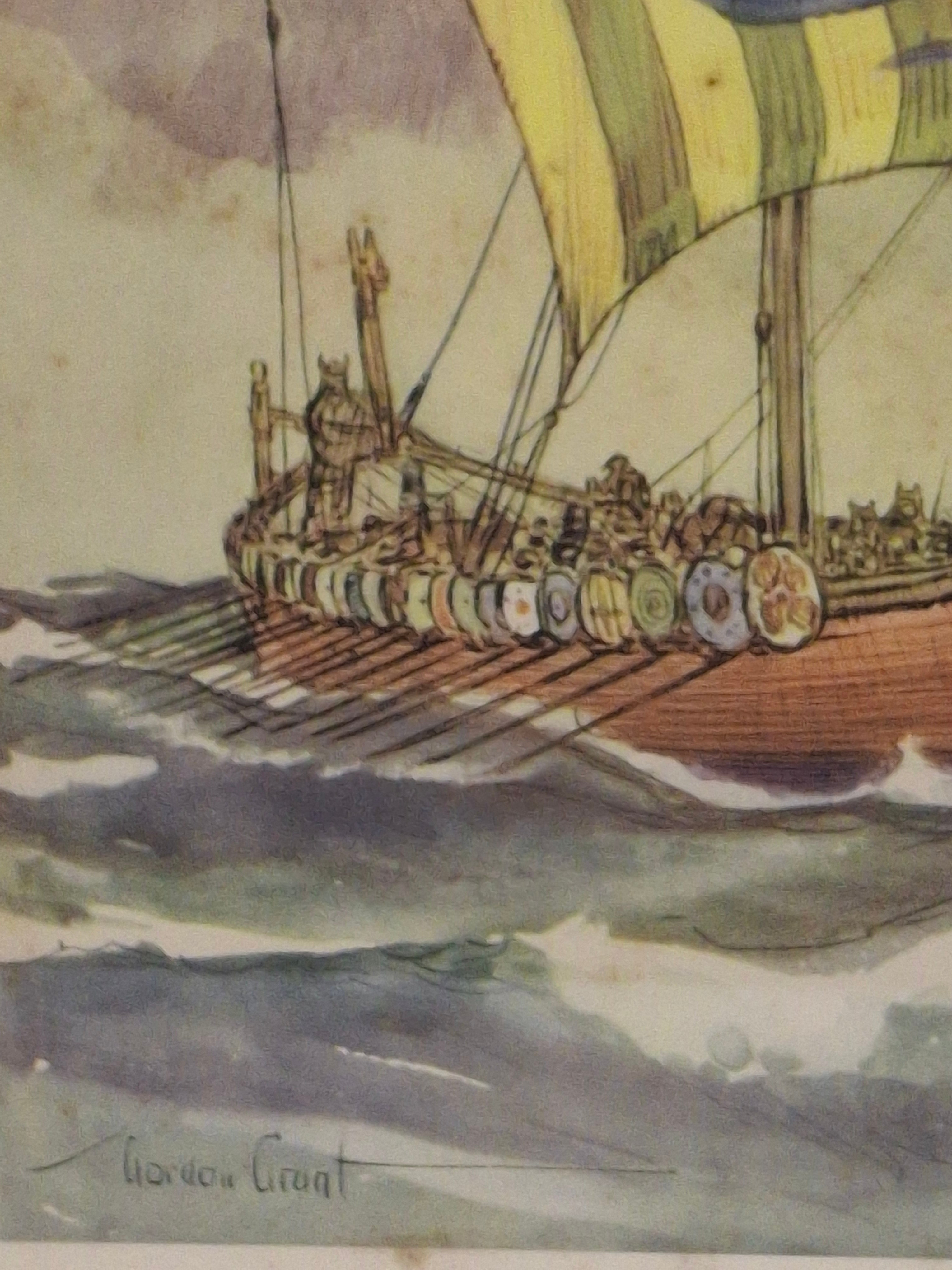 Vintage Gordon Grant Viking Longship Maritime Print Framed Nautical Art 16.5"x12"