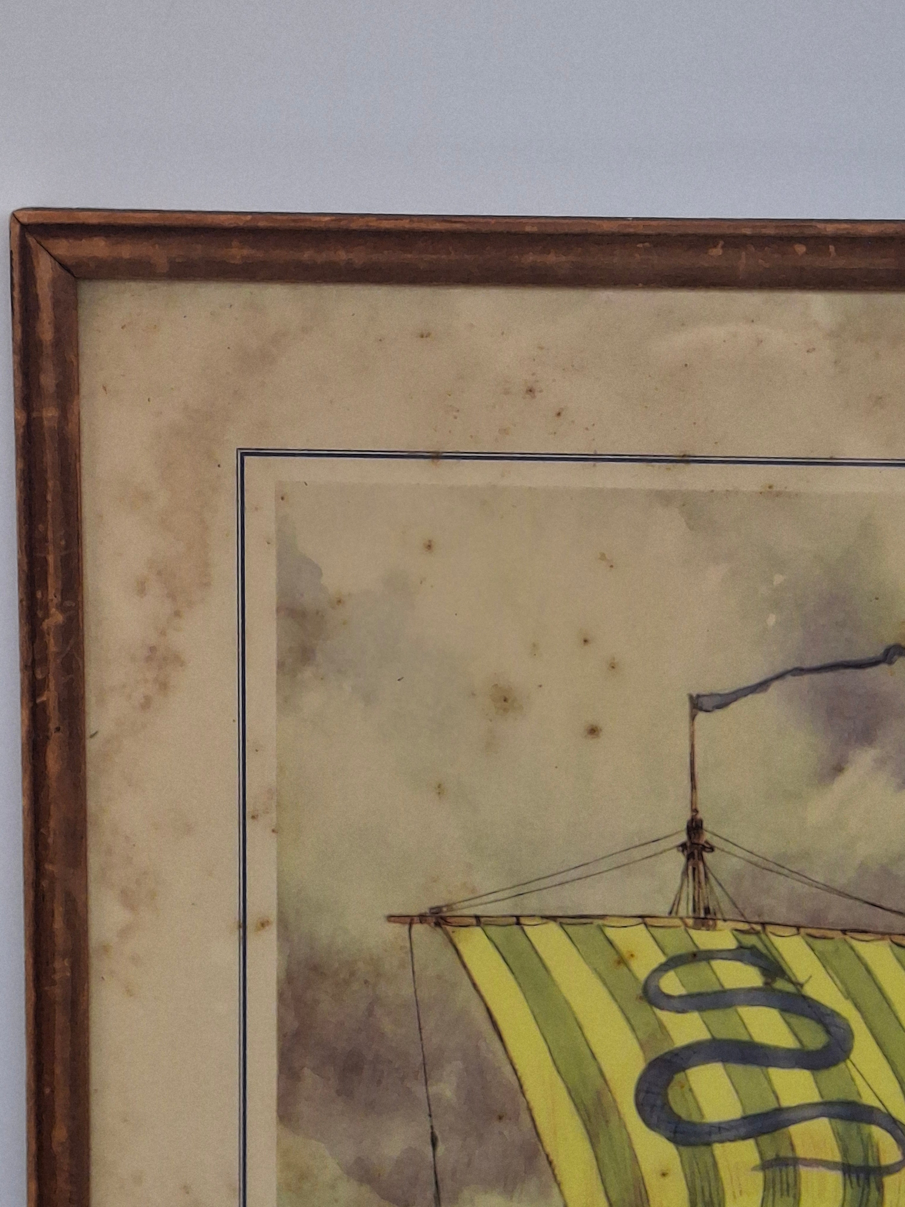 Vintage Gordon Grant Viking Longship Maritime Print Framed Nautical Art 16.5"x12"