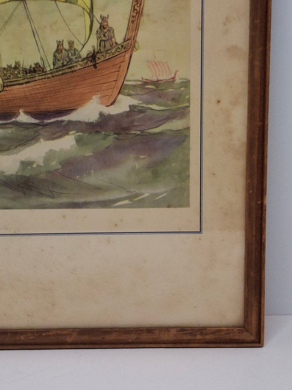 Vintage Gordon Grant Viking Longship Maritime Print Framed Nautical Art 16.5"x12"