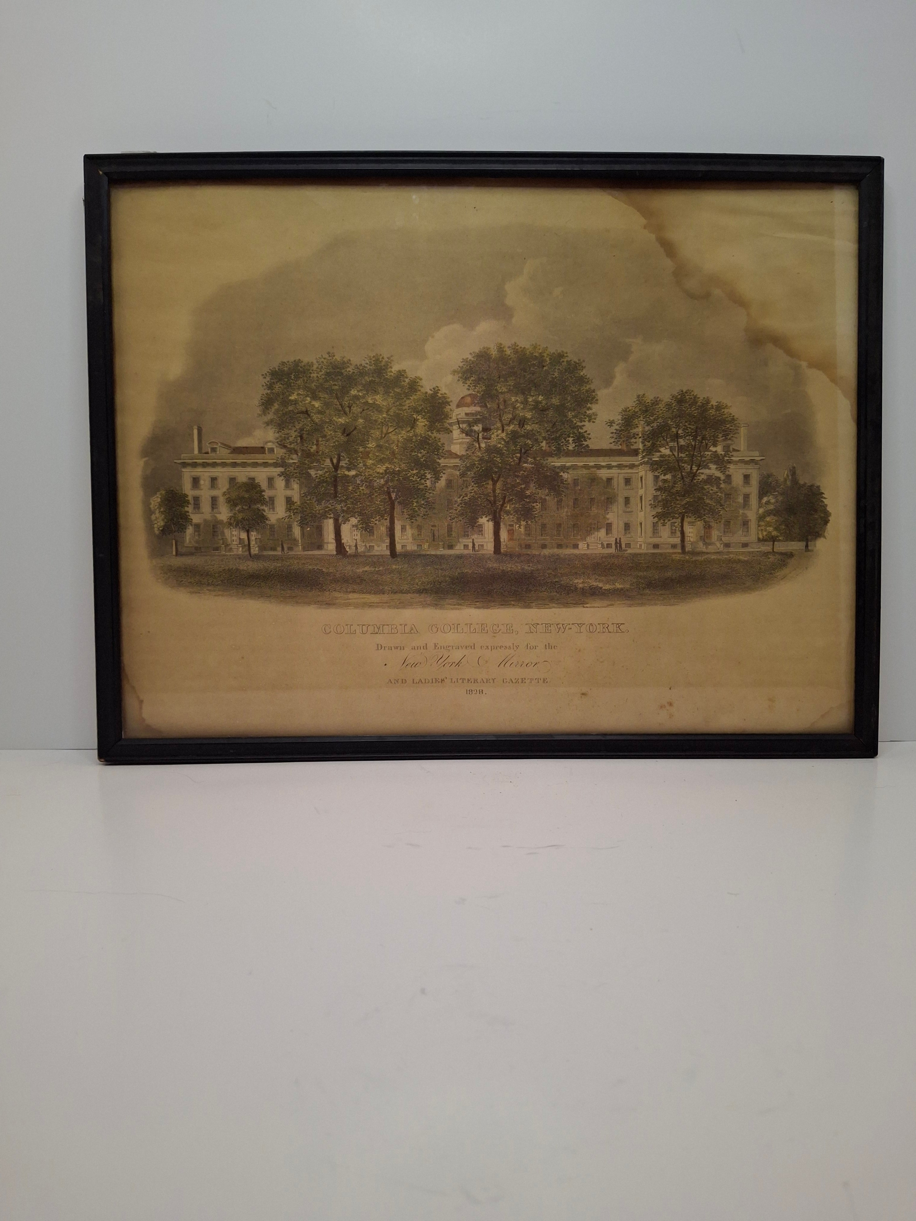 RARE 1828 Original Engraving 'Columbia College, New York' - A.J. Davis, V. Balch
