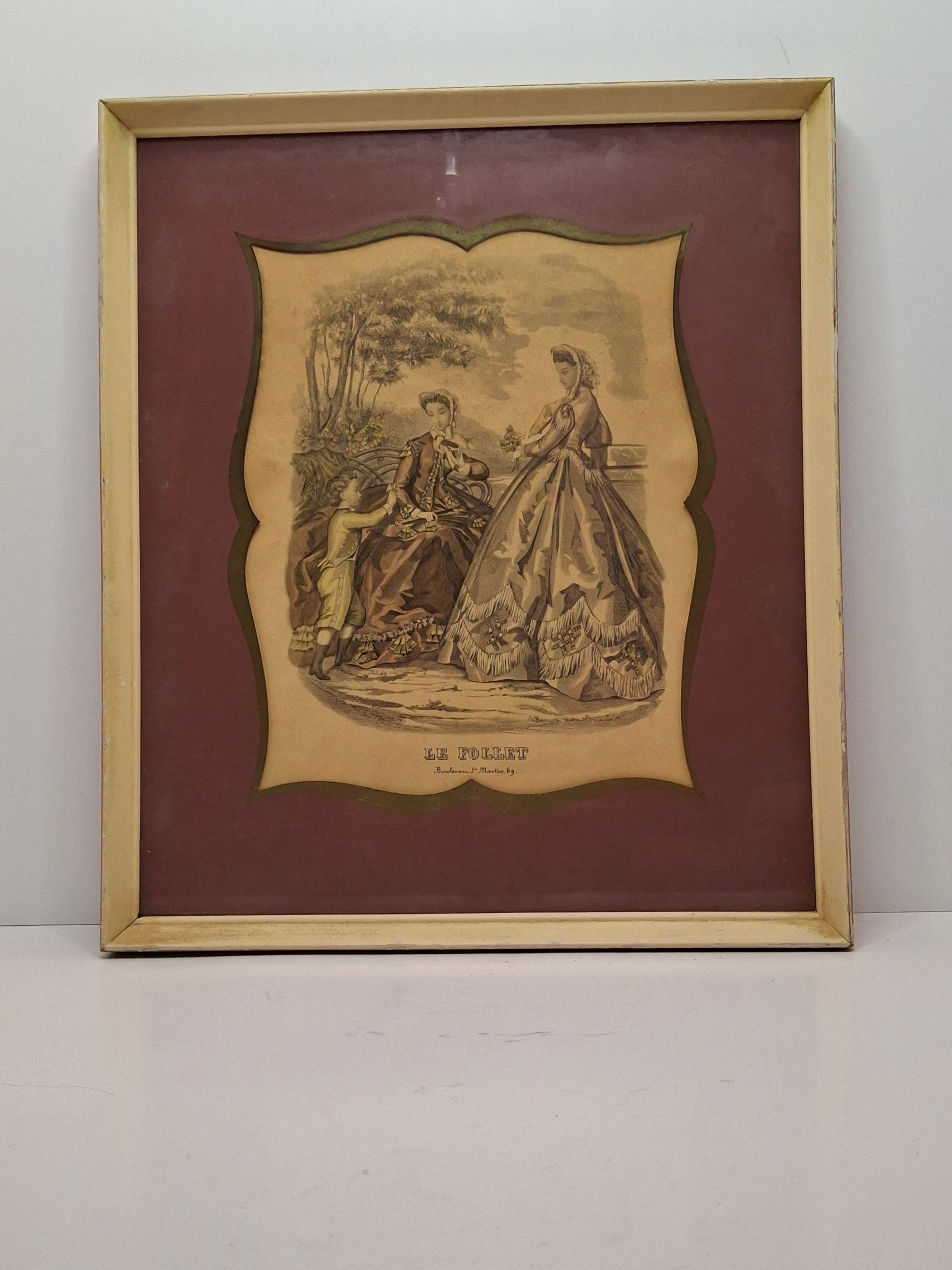 "Pair Antique French Fashion Plates 1860s Le Follet & Magasin des Demoiselles Framed  "