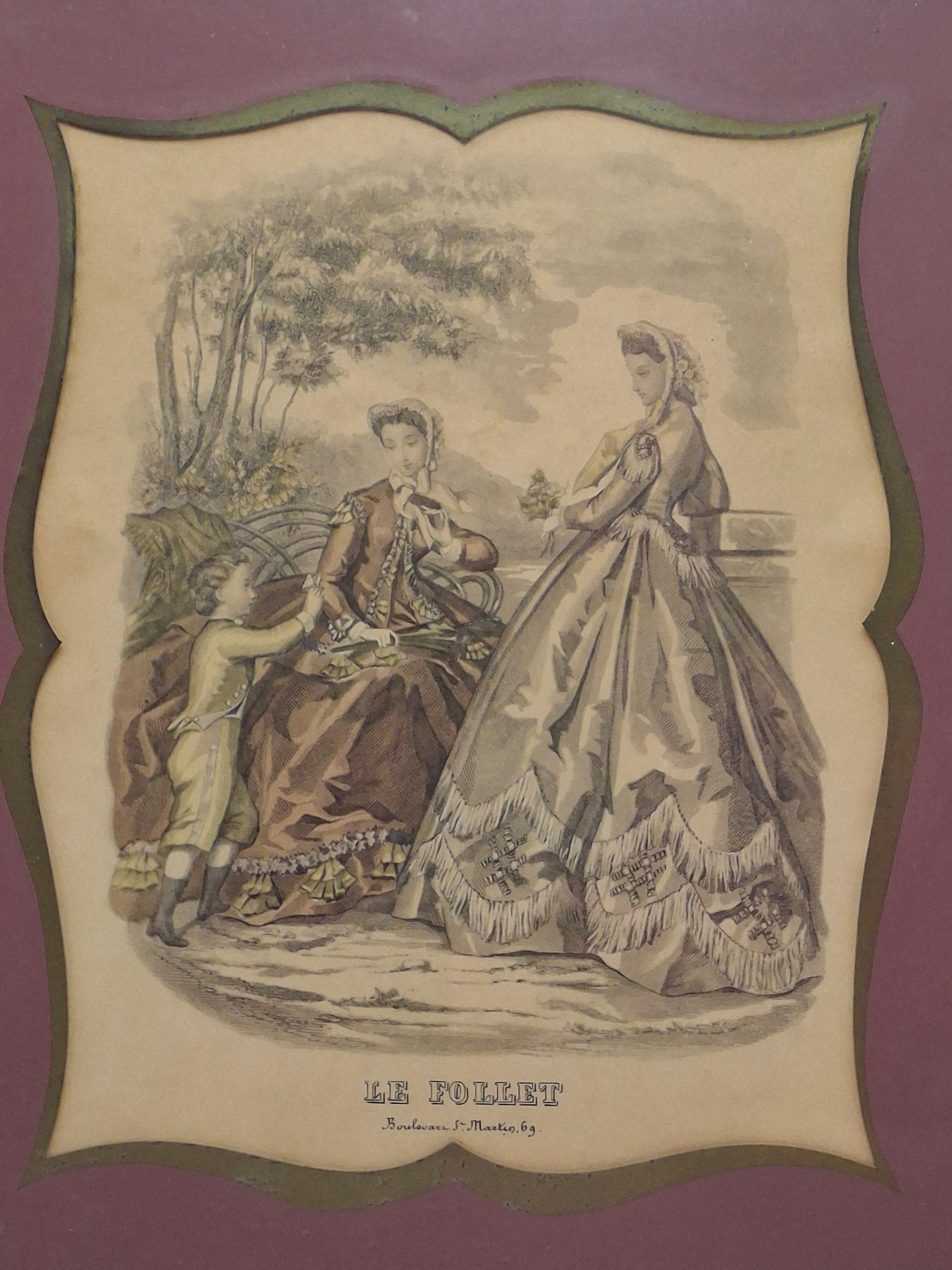 "Pair Antique French Fashion Plates 1860s Le Follet & Magasin des Demoiselles Framed  "