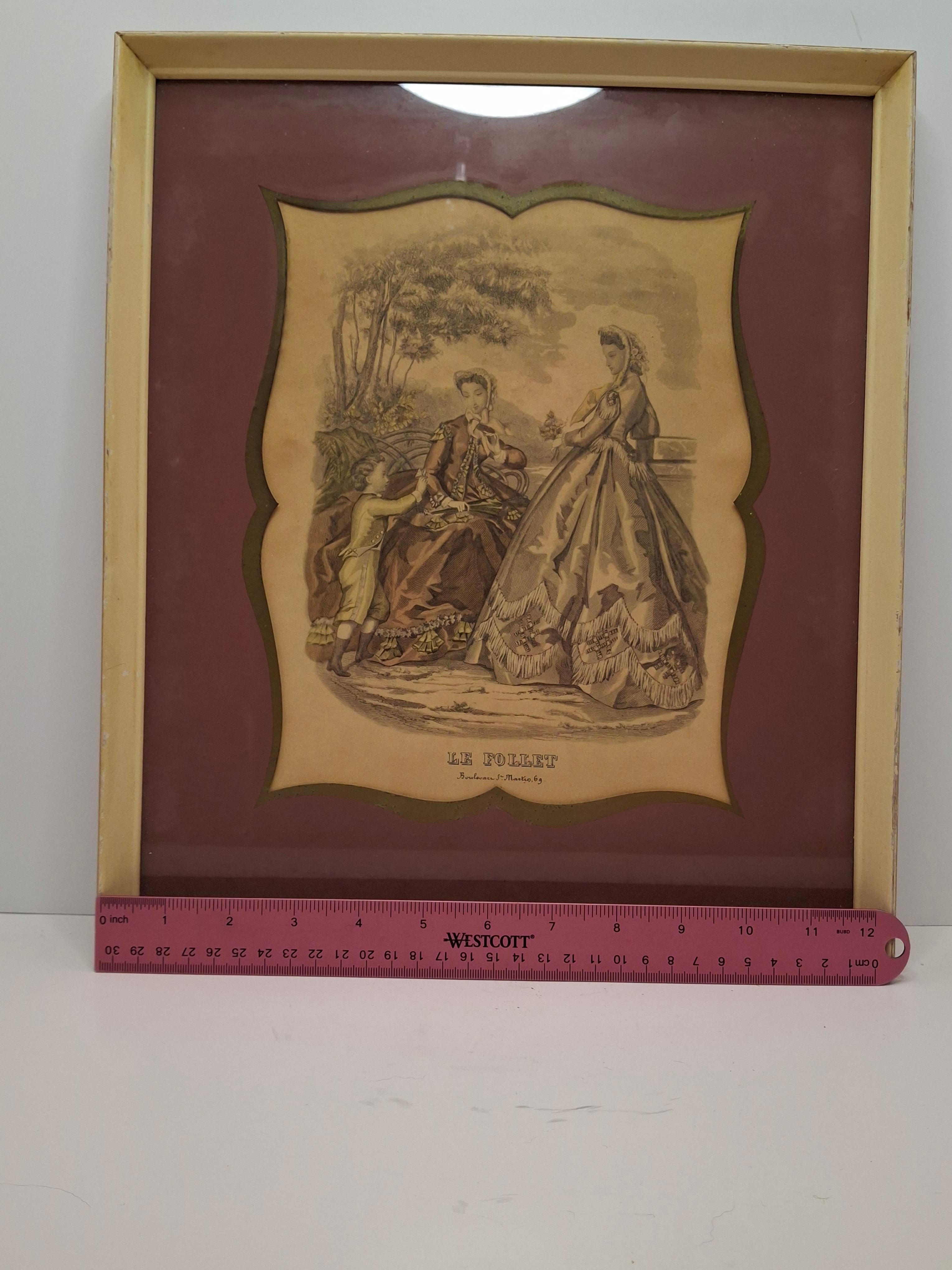 "Pair Antique French Fashion Plates 1860s Le Follet & Magasin des Demoiselles Framed  "