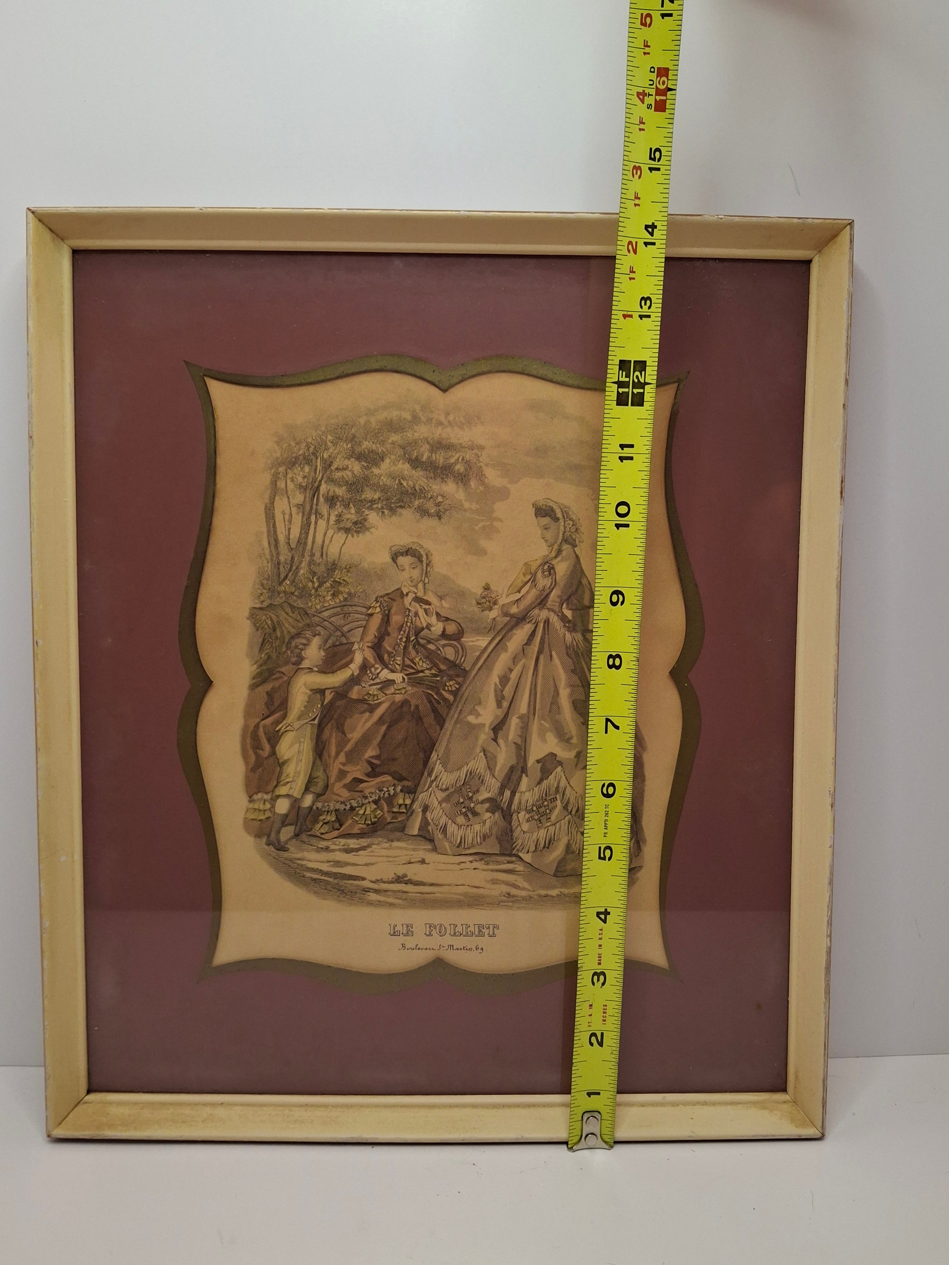 "Pair Antique French Fashion Plates 1860s Le Follet & Magasin des Demoiselles Framed  "