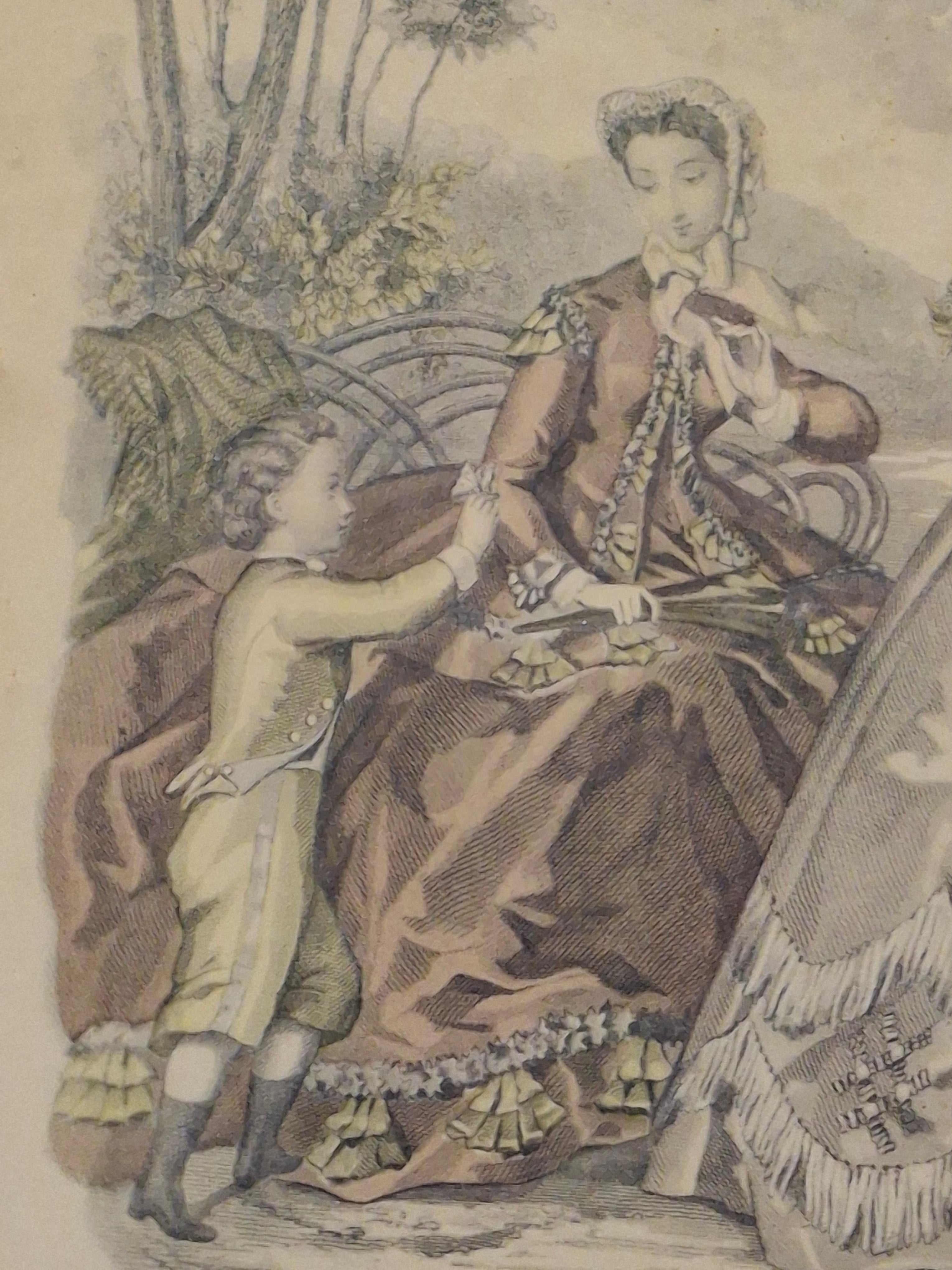"Pair Antique French Fashion Plates 1860s Le Follet & Magasin des Demoiselles Framed  "