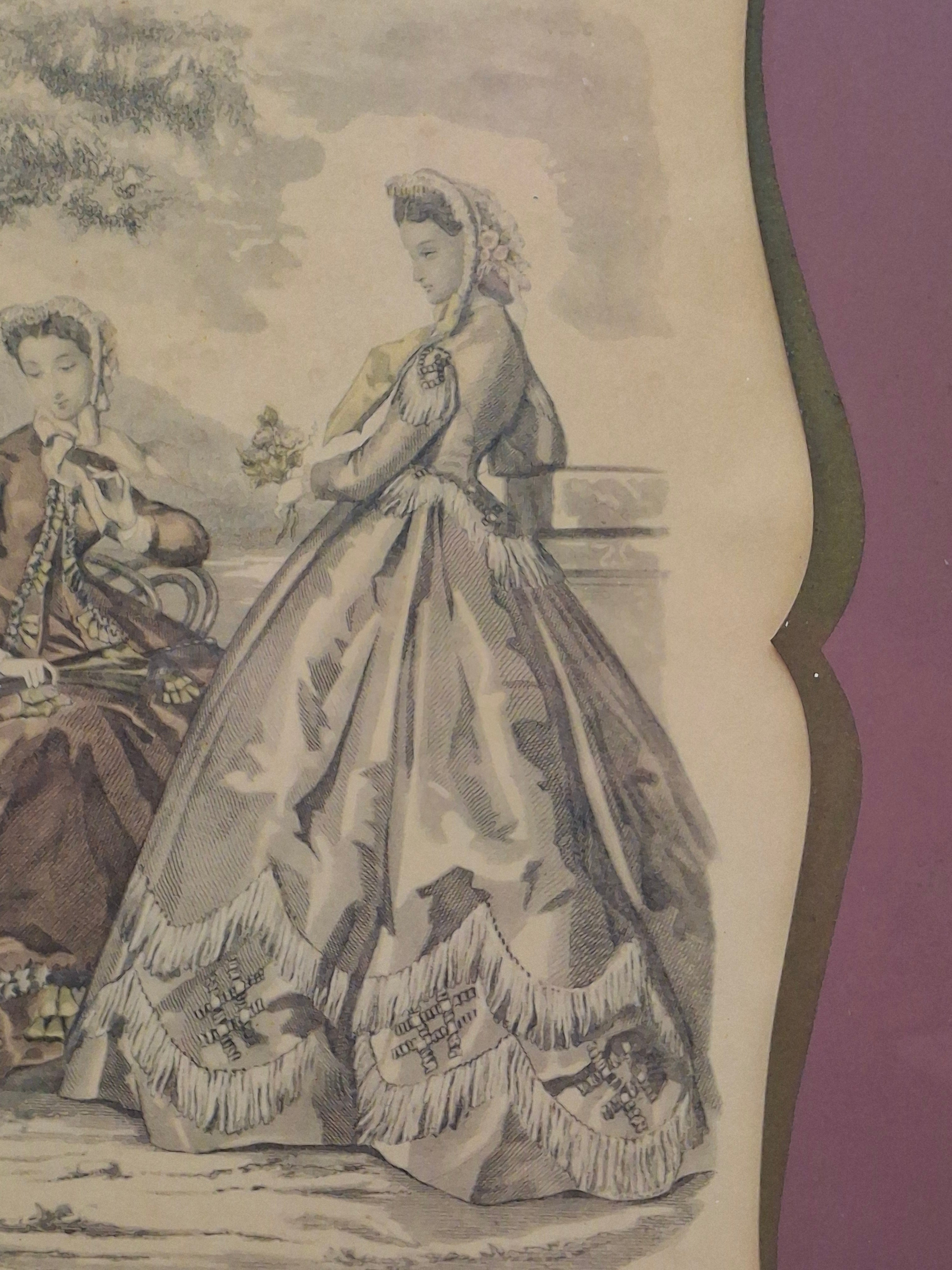 "Pair Antique French Fashion Plates 1860s Le Follet & Magasin des Demoiselles Framed  "
