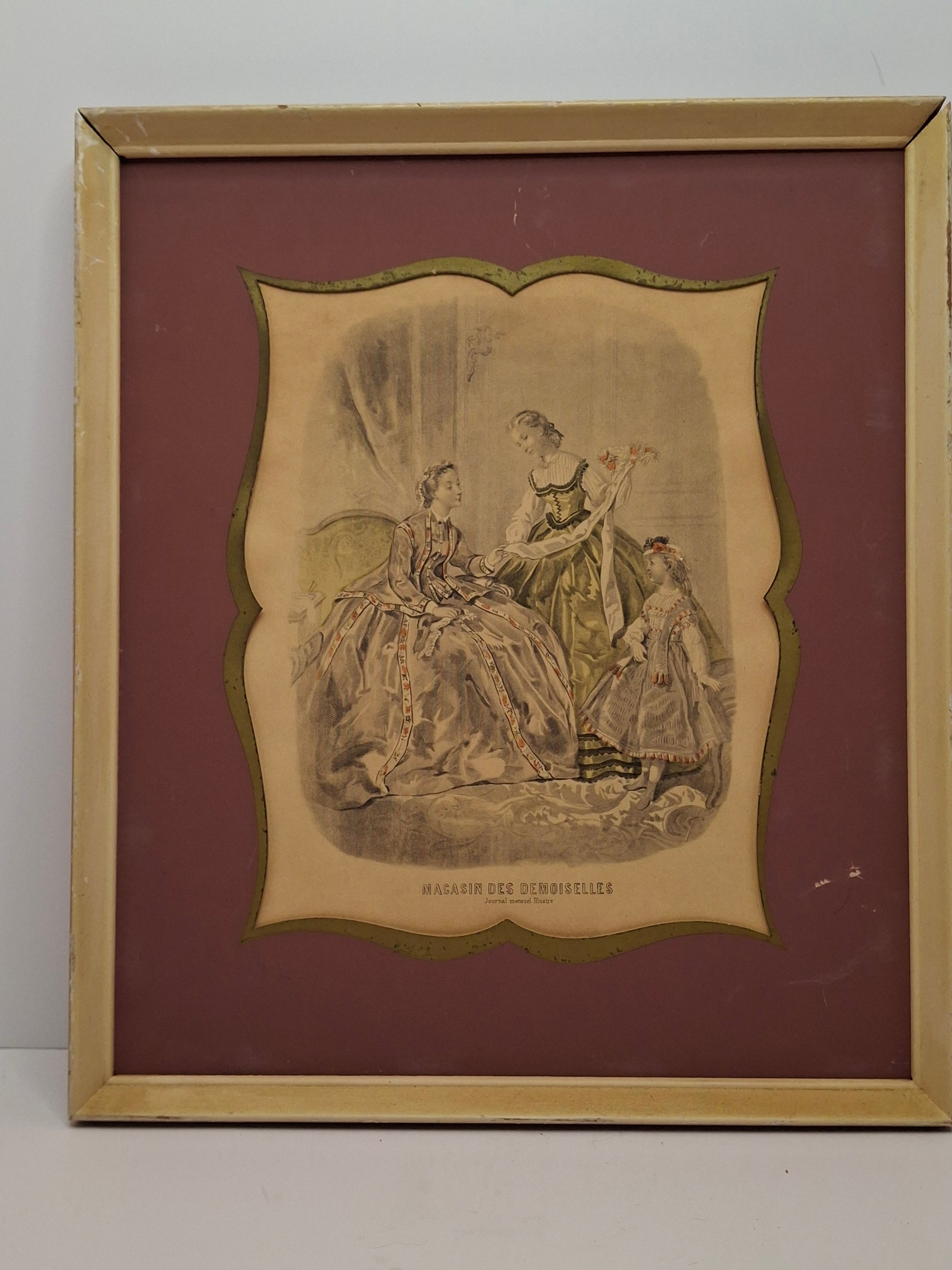 "Pair Antique French Fashion Plates 1860s Le Follet & Magasin des Demoiselles Framed  "