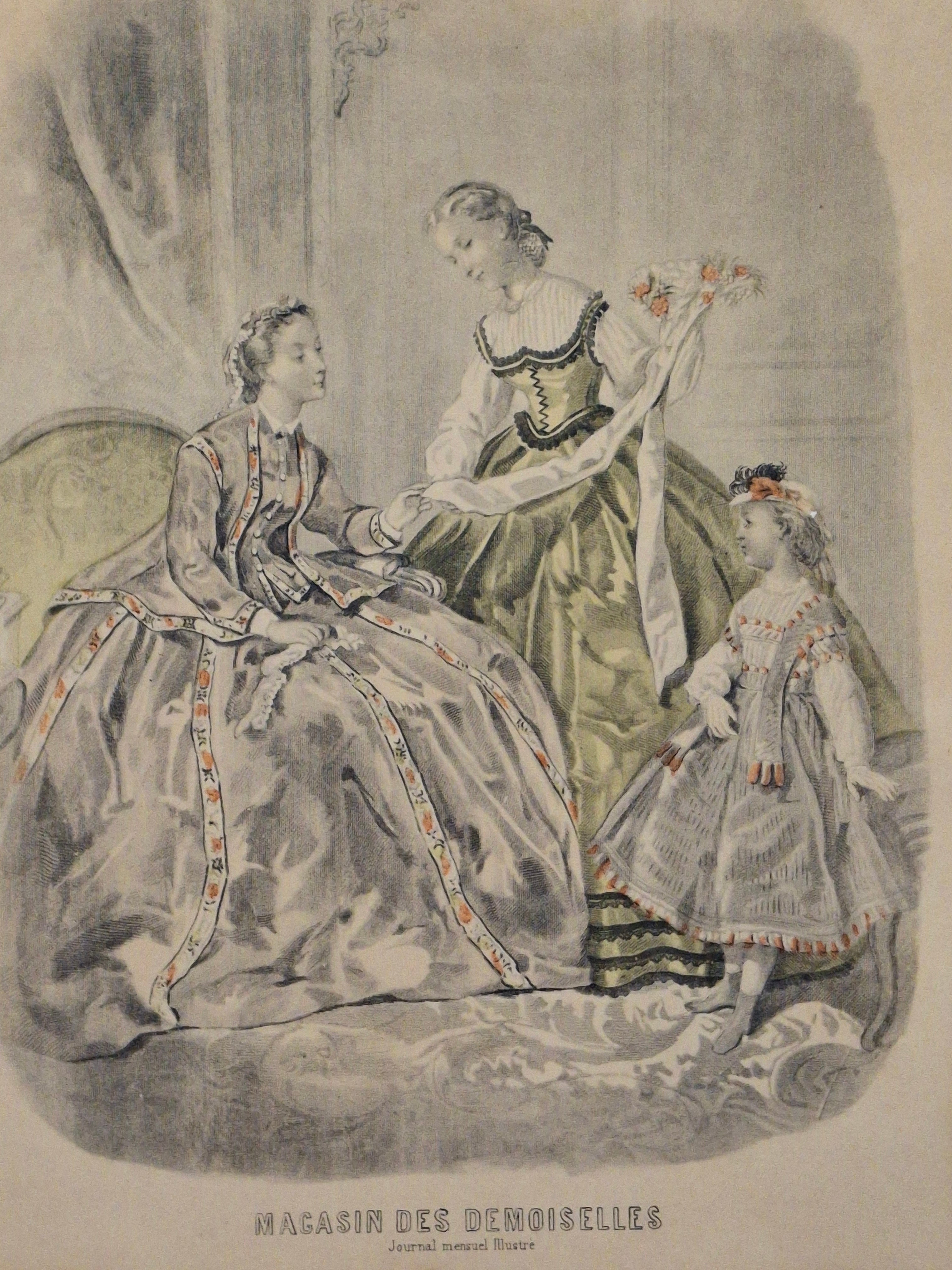 "Pair Antique French Fashion Plates 1860s Le Follet & Magasin des Demoiselles Framed  "