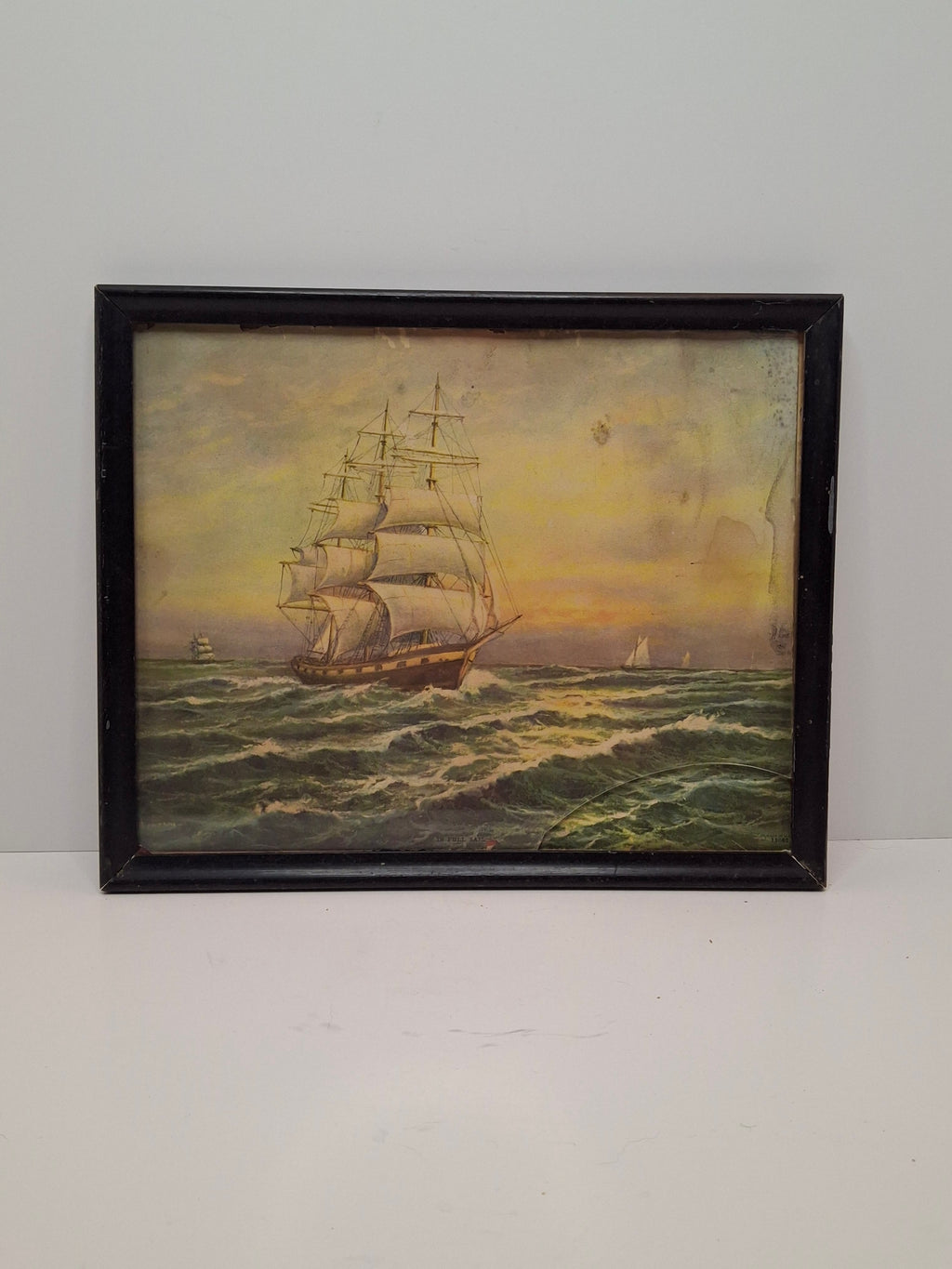 Vintage 1929 Chromolithograph "In Full Sail" Nautical Ship Print by F.J. Offermann Art Works - Framed Sea Scene