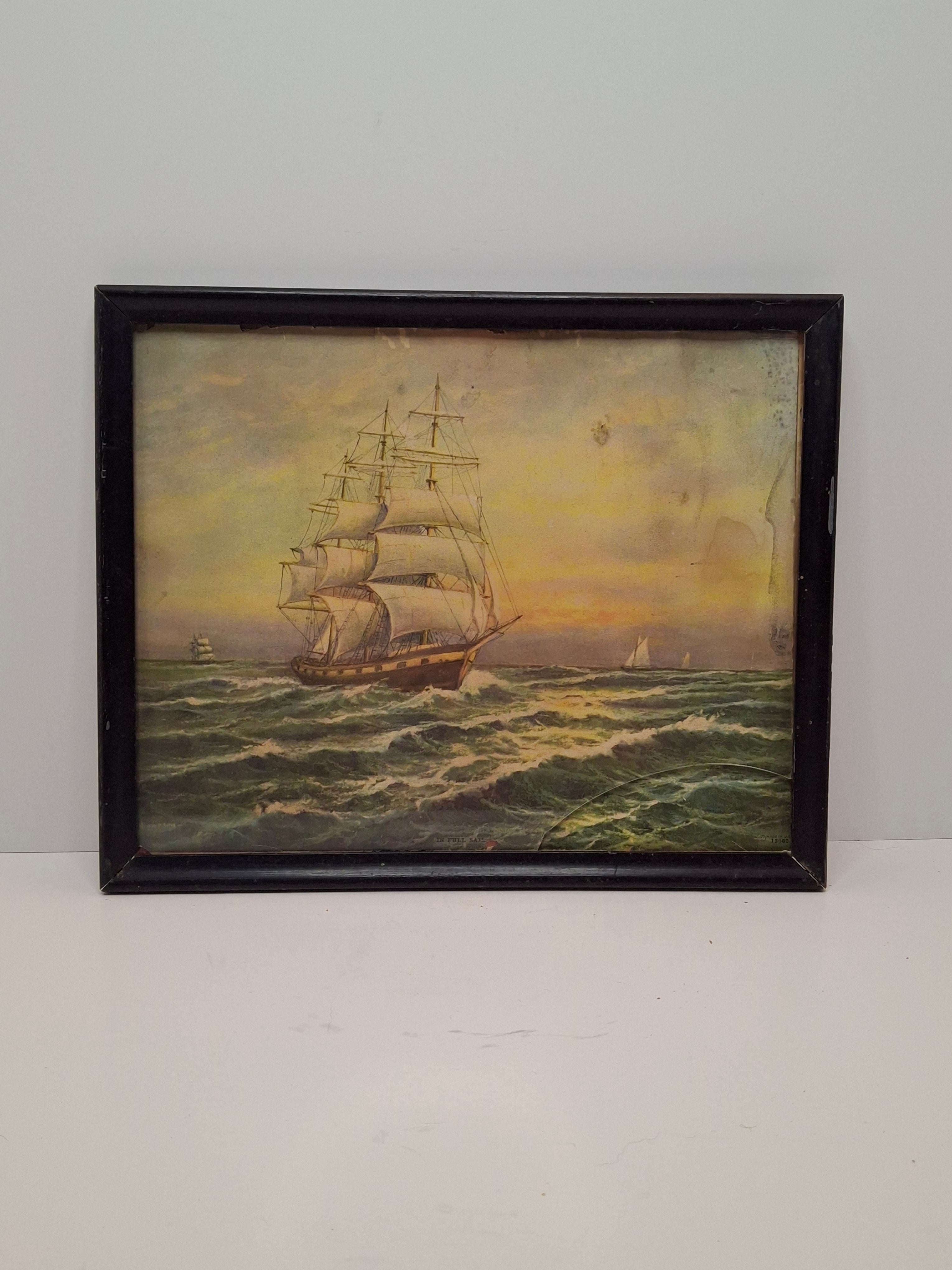 Vintage 1929 Chromolithograph "In Full Sail" Nautical Ship Print by F.J. Offermann Art Works - Framed Sea Scene