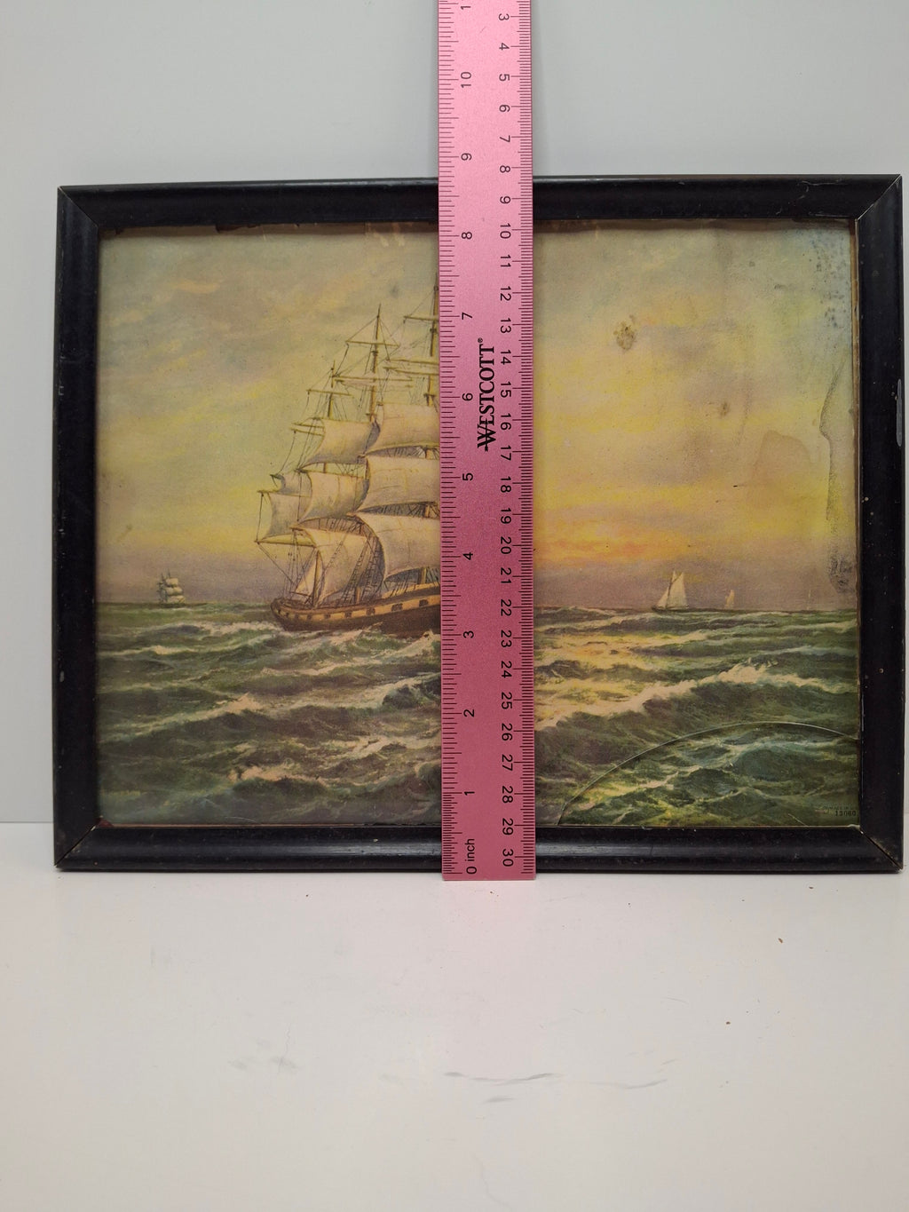 Vintage 1929 Chromolithograph "In Full Sail" Nautical Ship Print by F.J. Offermann Art Works - Framed Sea Scene