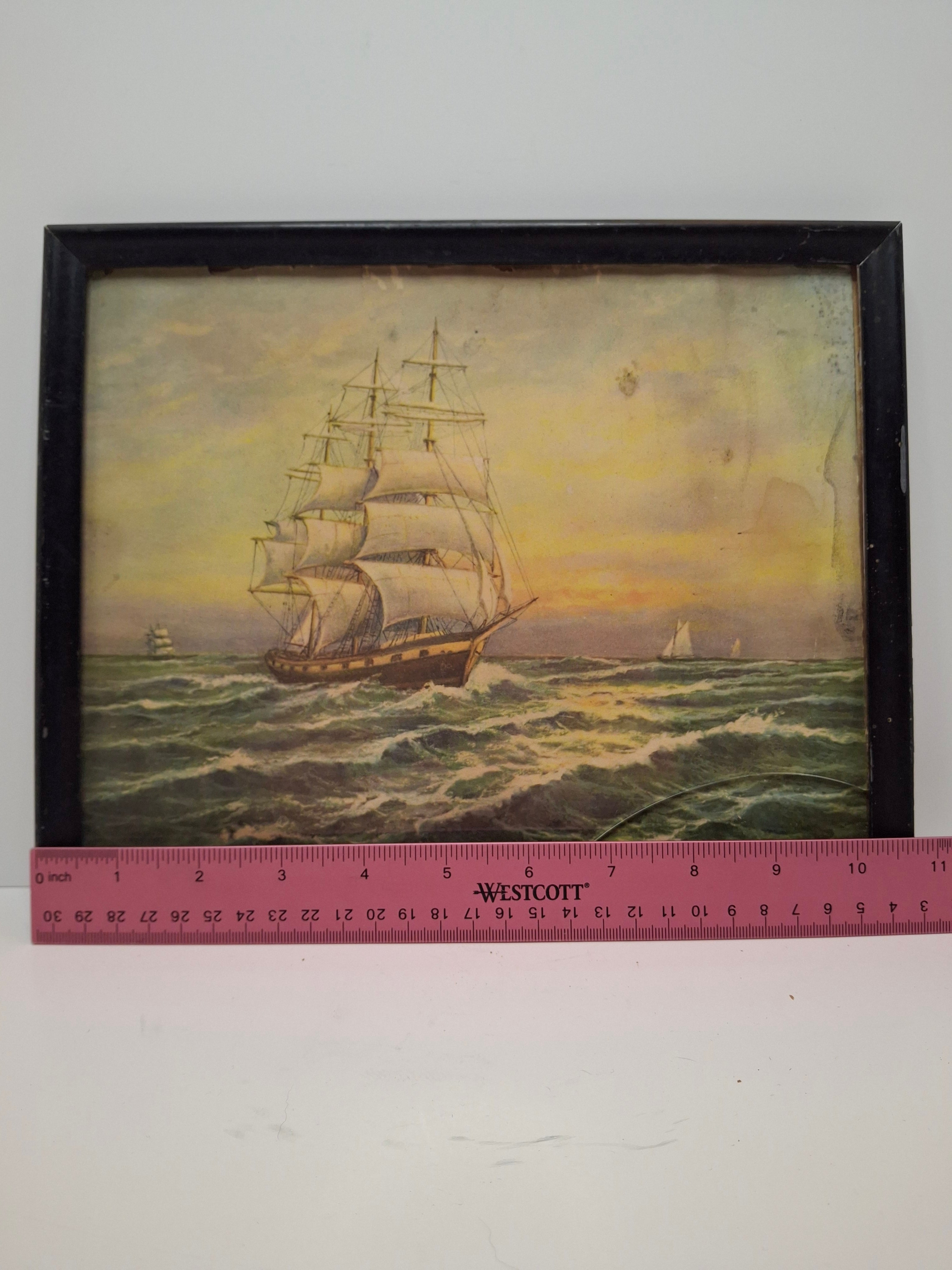 Vintage 1929 Chromolithograph "In Full Sail" Nautical Ship Print by F.J. Offermann Art Works - Framed Sea Scene