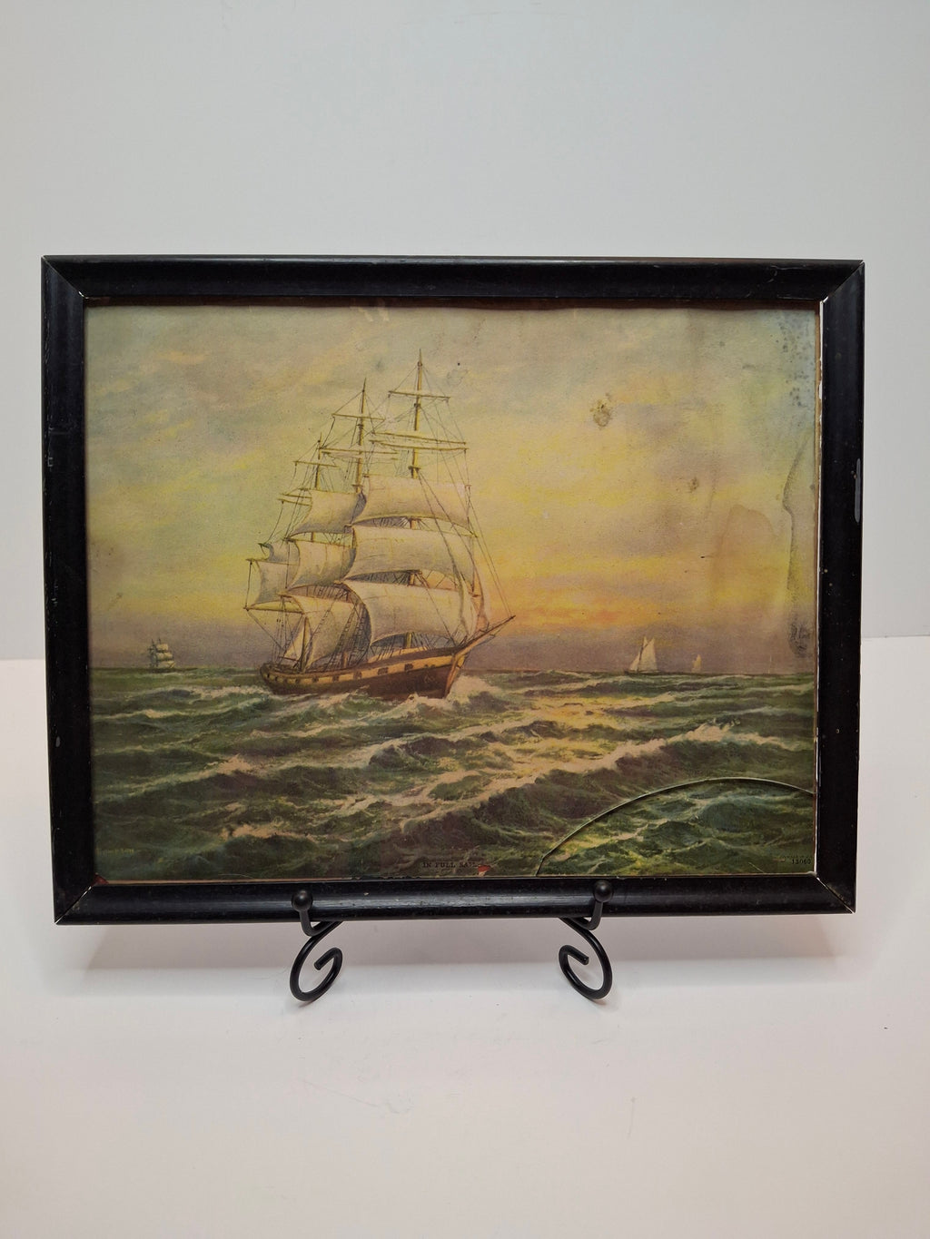 Vintage 1929 Chromolithograph "In Full Sail" Nautical Ship Print by F.J. Offermann Art Works - Framed Sea Scene