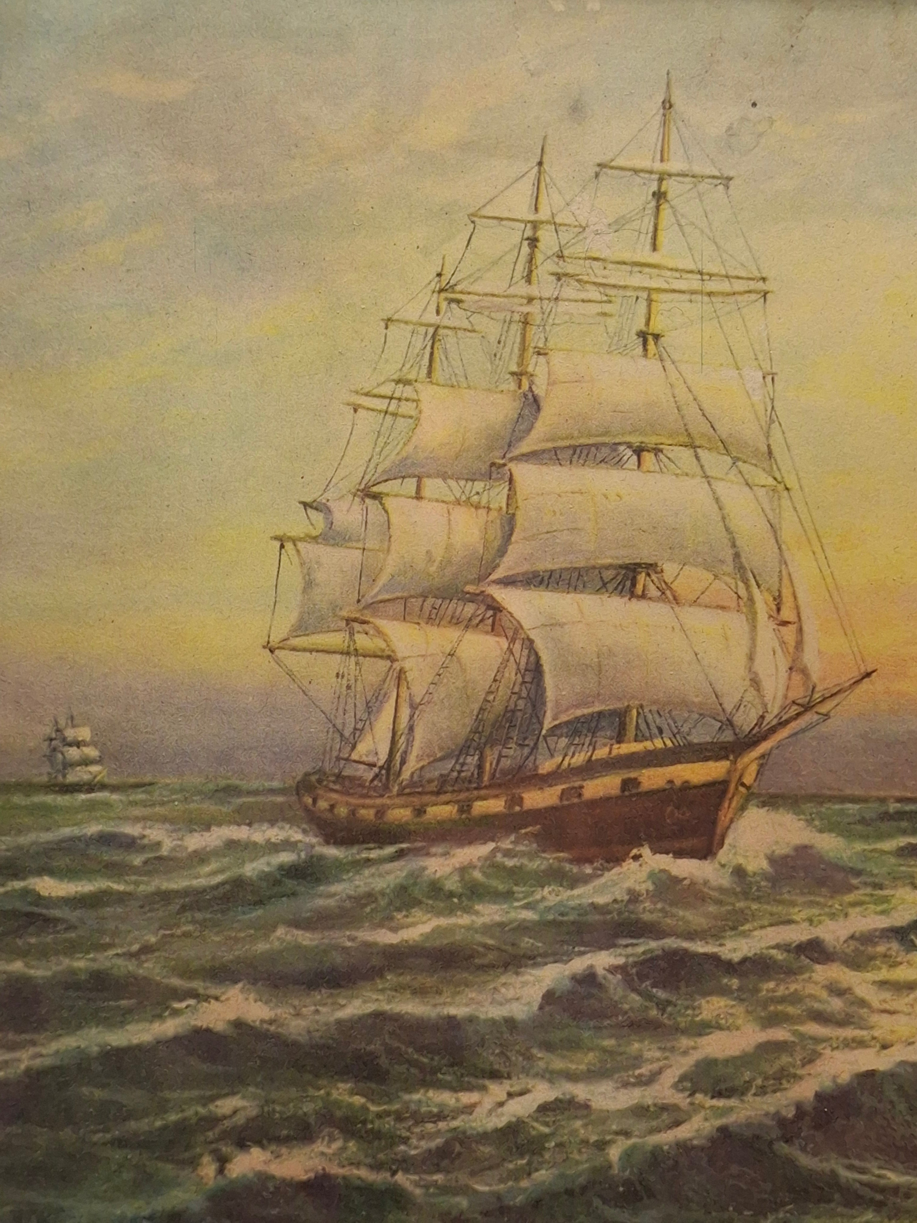 Vintage 1929 Chromolithograph "In Full Sail" Nautical Ship Print by F.J. Offermann Art Works - Framed Sea Scene