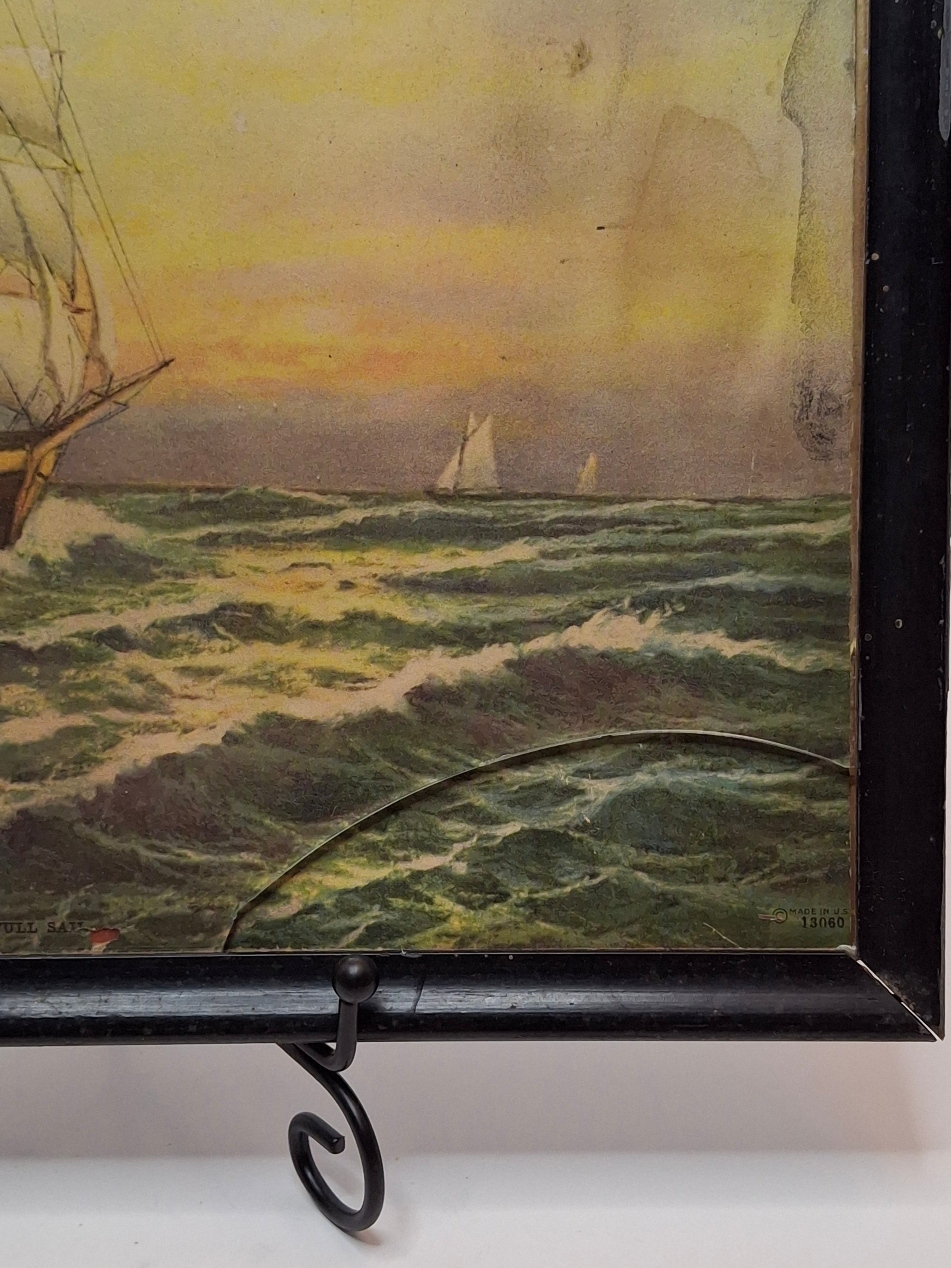 Vintage 1929 Chromolithograph "In Full Sail" Nautical Ship Print by F.J. Offermann Art Works - Framed Sea Scene