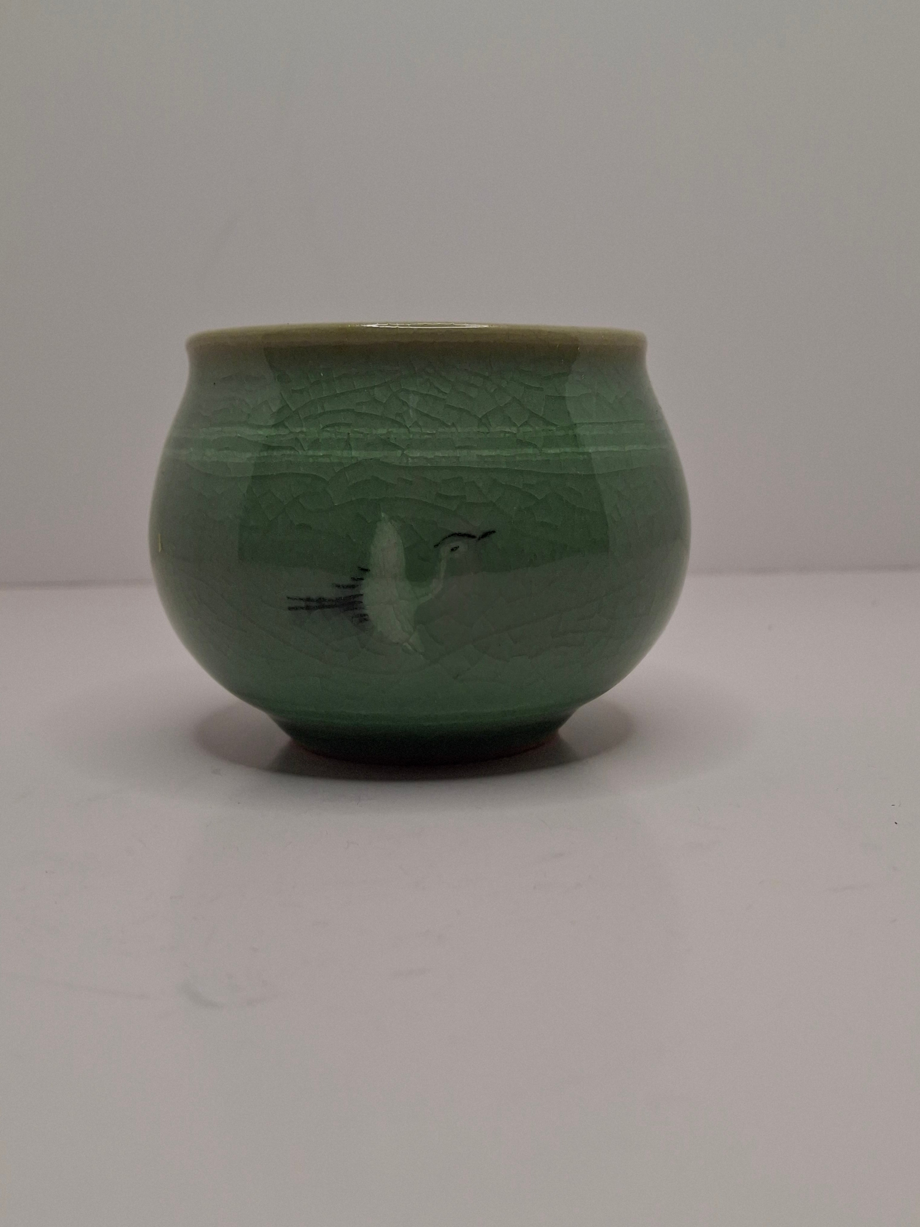 Mid-Century Korean Celadon Vase Goryeo Style Crackle Glaze Flying Crane Design