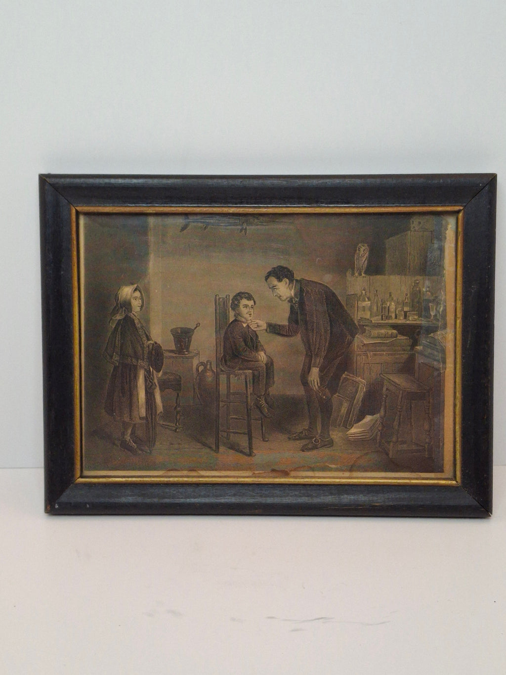 Antique 1840s Nathaniel Currier Lithograph "The Village Doctor" Hand-Colored Medical Print