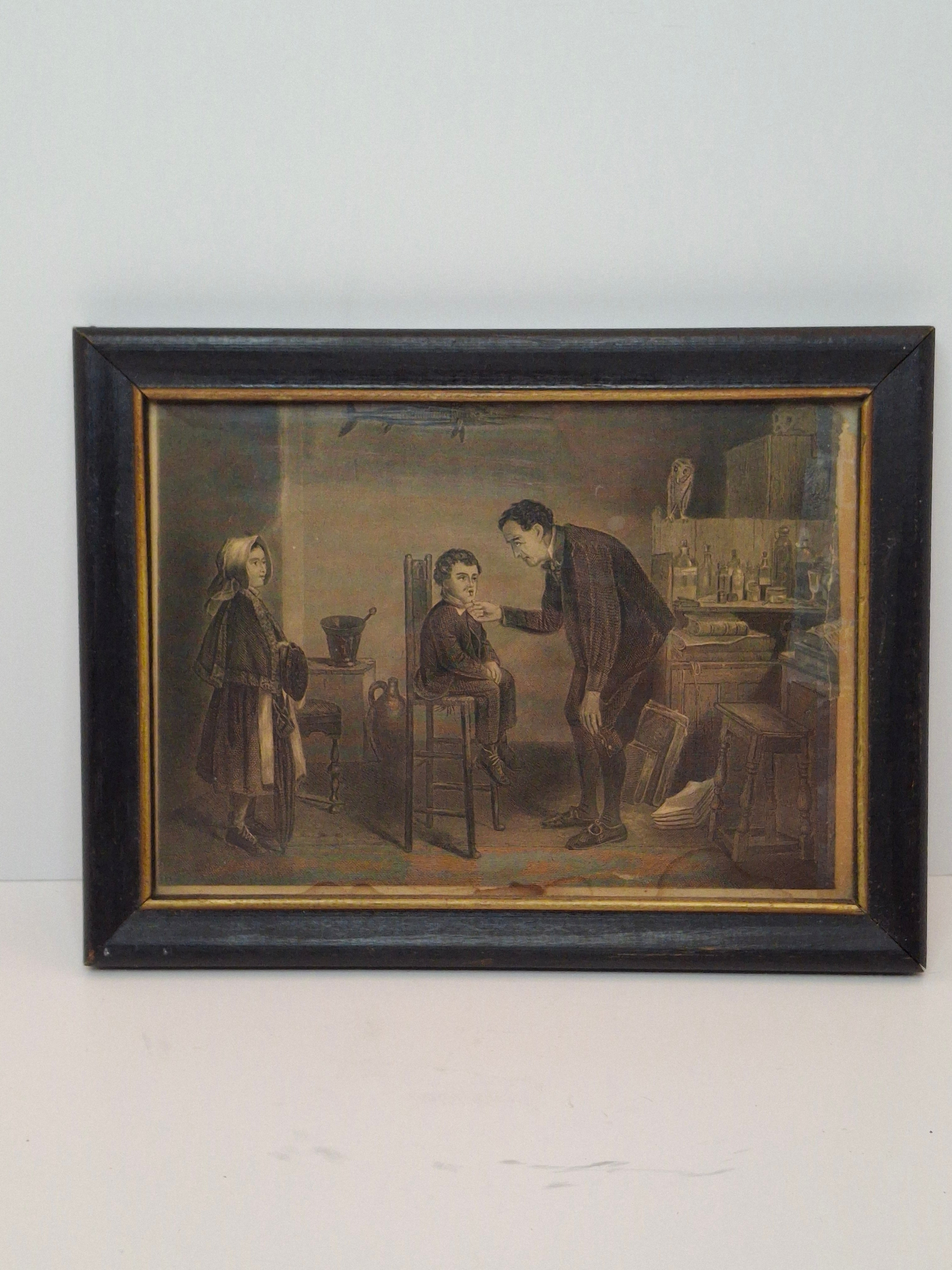 Antique 1840s Nathaniel Currier Lithograph "The Village Doctor" Hand-Colored Medical Print
