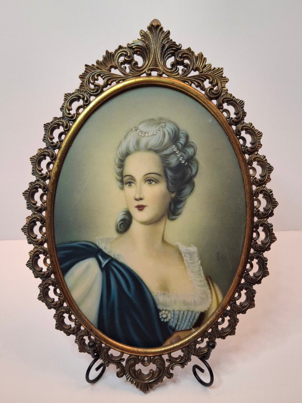 Vintage Hollywood Regency Portrait Miniature Marie Antoinette Style Ornate Gilt Brass Frame 12.5"