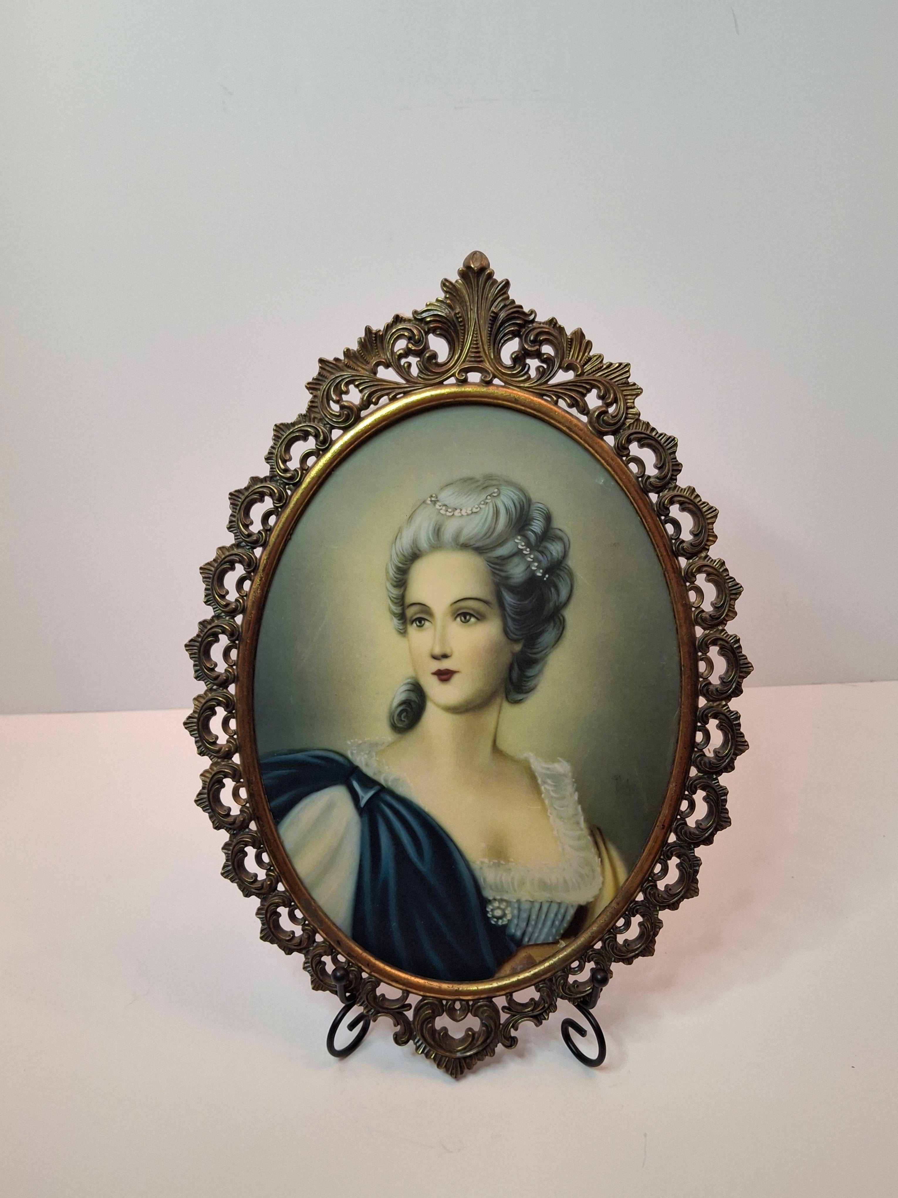 Vintage Hollywood Regency Portrait Miniature Marie Antoinette Style Ornate Gilt Brass Frame 12.5"