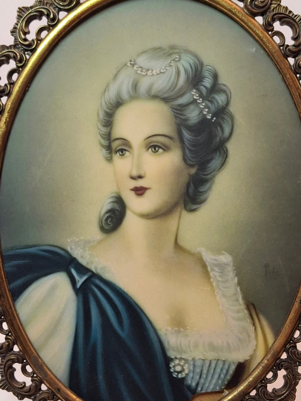 Vintage Hollywood Regency Portrait Miniature Marie Antoinette Style Ornate Gilt Brass Frame 12.5"