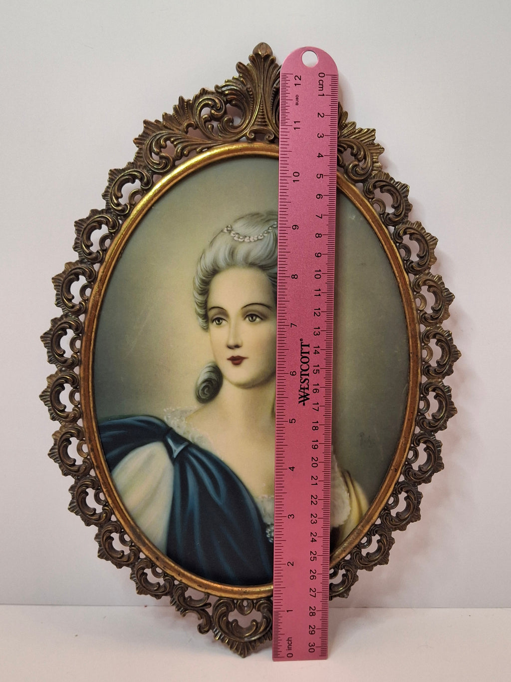 Vintage Hollywood Regency Portrait Miniature Marie Antoinette Style Ornate Gilt Brass Frame 12.5"