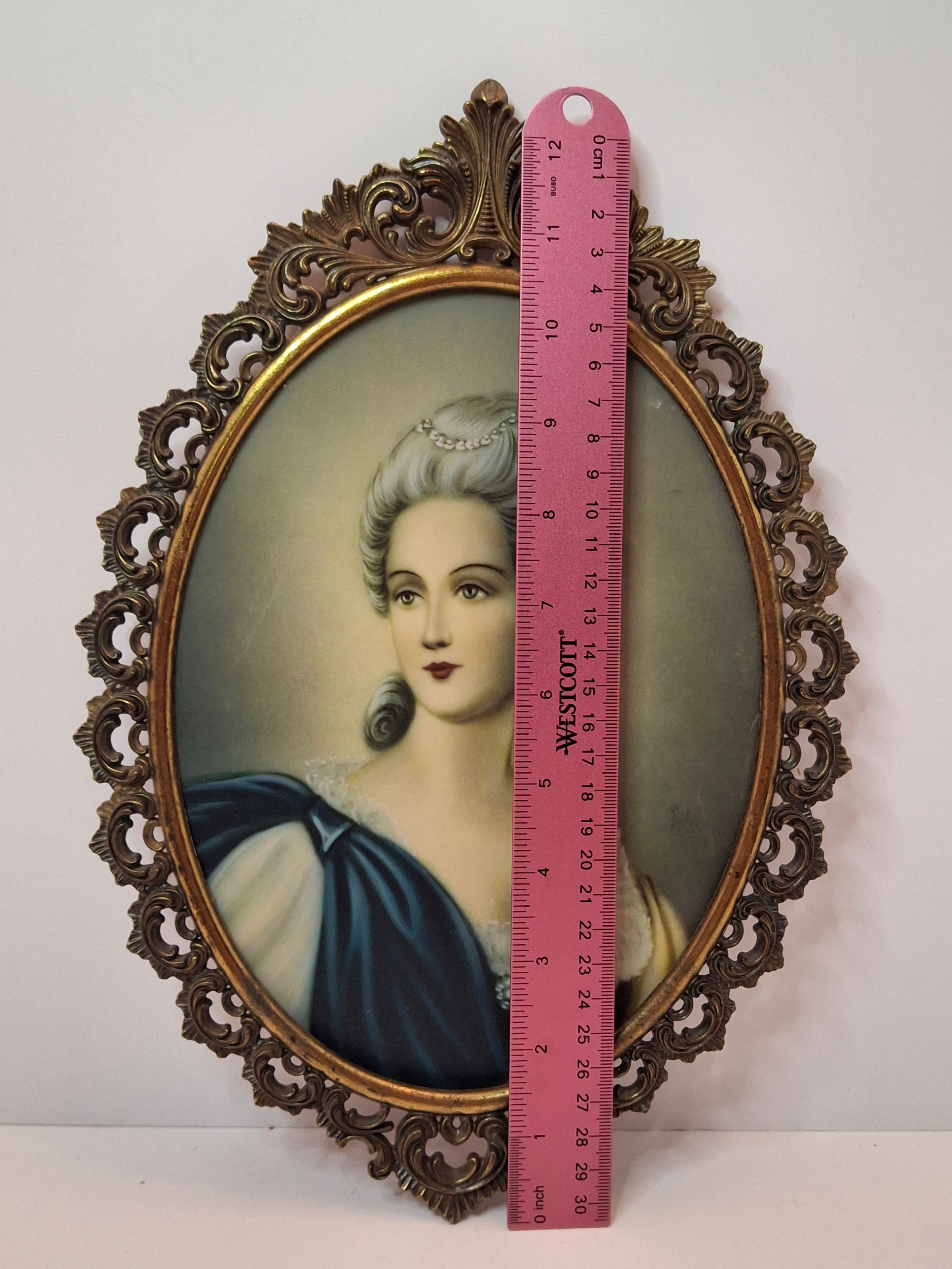 Vintage Hollywood Regency Portrait Miniature Marie Antoinette Style Ornate Gilt Brass Frame 12.5"