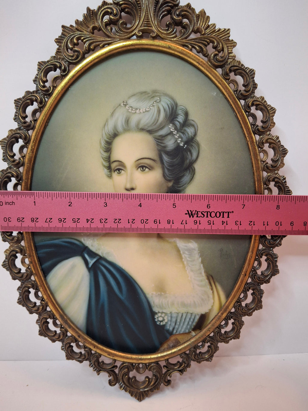 Vintage Hollywood Regency Portrait Miniature Marie Antoinette Style Ornate Gilt Brass Frame 12.5"