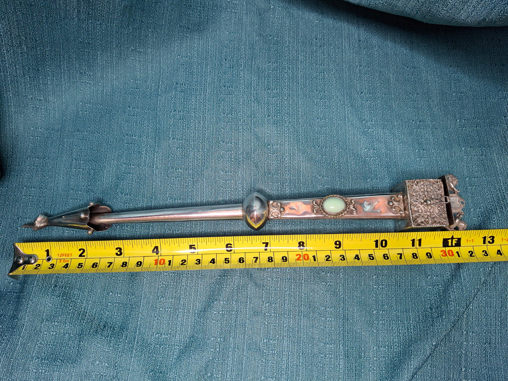 Rare Museum Quality Antique Warsaw Russian Empire Silver Torah Pointer (Yad) with Integrated Besamim Spice Box, Hallmarked 1878 by Assayer Josef Sosnkowski (OC), 84 Zolotniki, Warsaw Horse Head Mark
