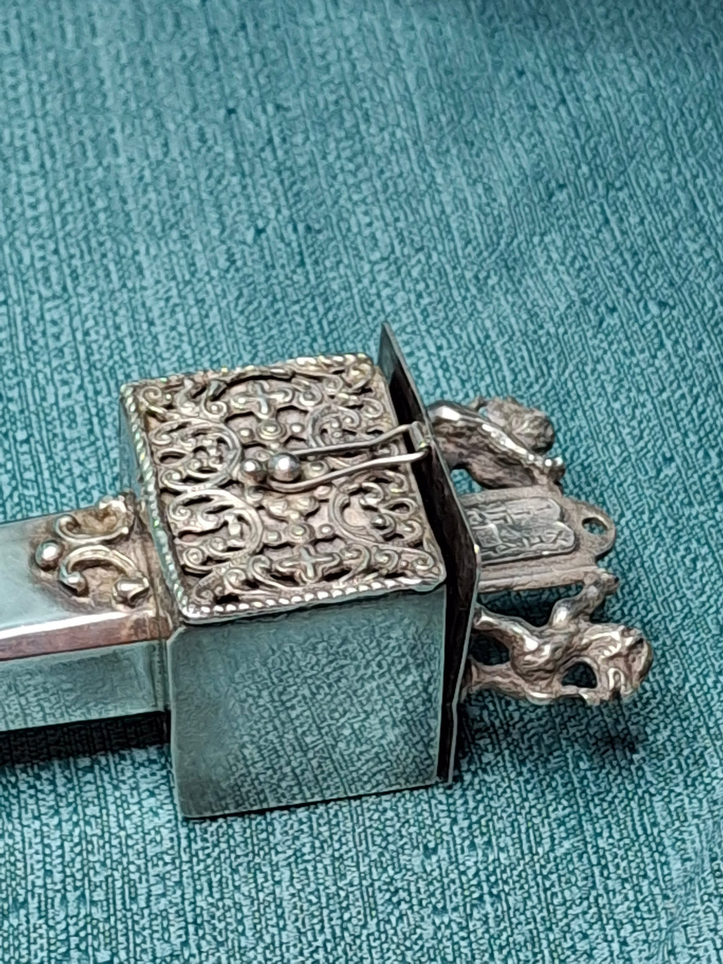 Rare Museum Quality Antique Warsaw Russian Empire Silver Torah Pointer (Yad) with Integrated Besamim Spice Box, Hallmarked 1878 by Assayer Josef Sosnkowski (OC), 84 Zolotniki, Warsaw Horse Head Mark