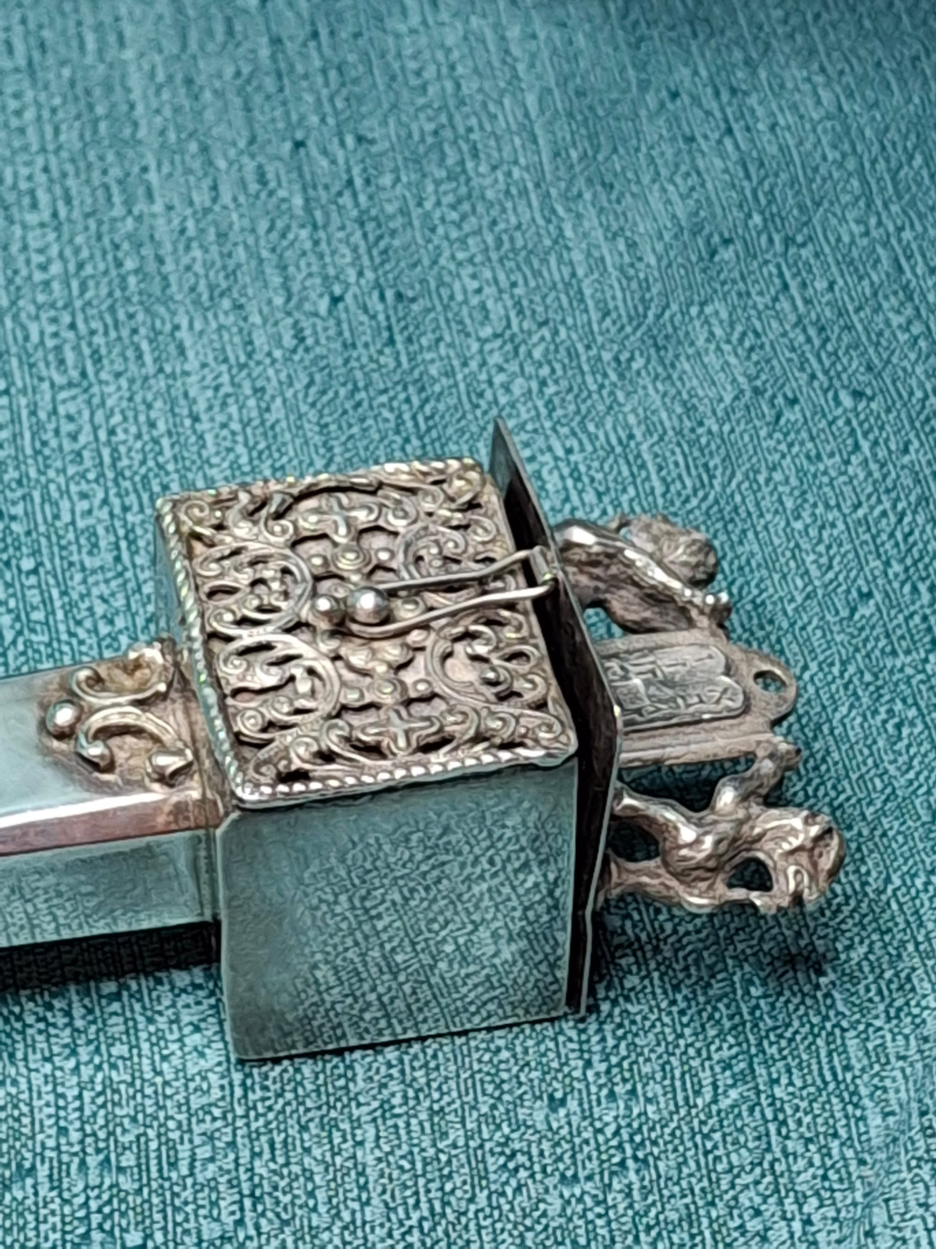 Rare Museum Quality Antique Warsaw Russian Empire Silver Torah Pointer (Yad) with Integrated Besamim Spice Box, Hallmarked 1878 by Assayer Josef Sosnkowski (OC), 84 Zolotniki, Warsaw Horse Head Mark