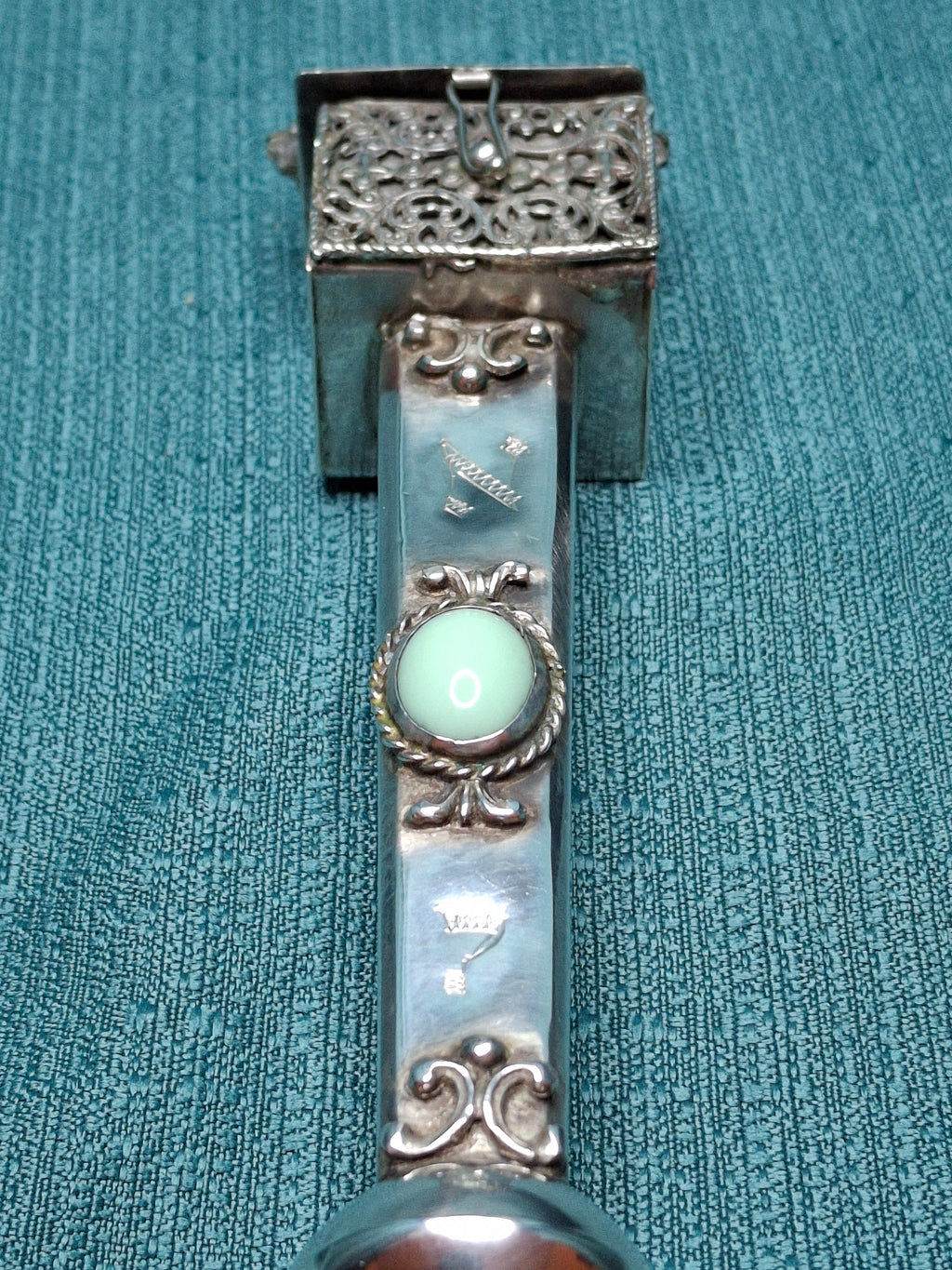 Rare Museum Quality Antique Warsaw Russian Empire Silver Torah Pointer (Yad) with Integrated Besamim Spice Box, Hallmarked 1878 by Assayer Josef Sosnkowski (OC), 84 Zolotniki, Warsaw Horse Head Mark