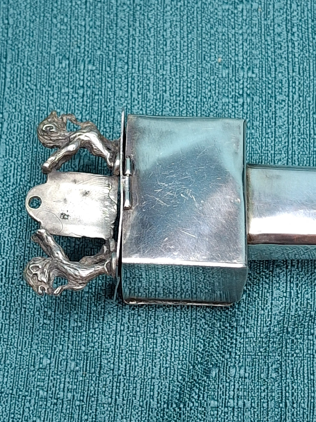 Rare Museum Quality Antique Warsaw Russian Empire Silver Torah Pointer (Yad) with Integrated Besamim Spice Box, Hallmarked 1878 by Assayer Josef Sosnkowski (OC), 84 Zolotniki, Warsaw Horse Head Mark
